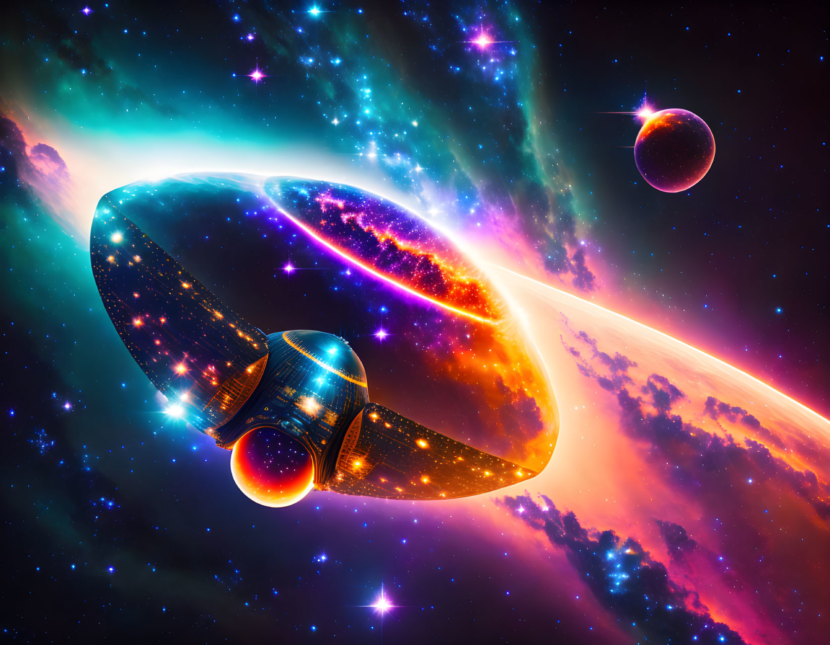 Futuristic spaceship in vibrant space scene with glowing planet and colorful nebulas