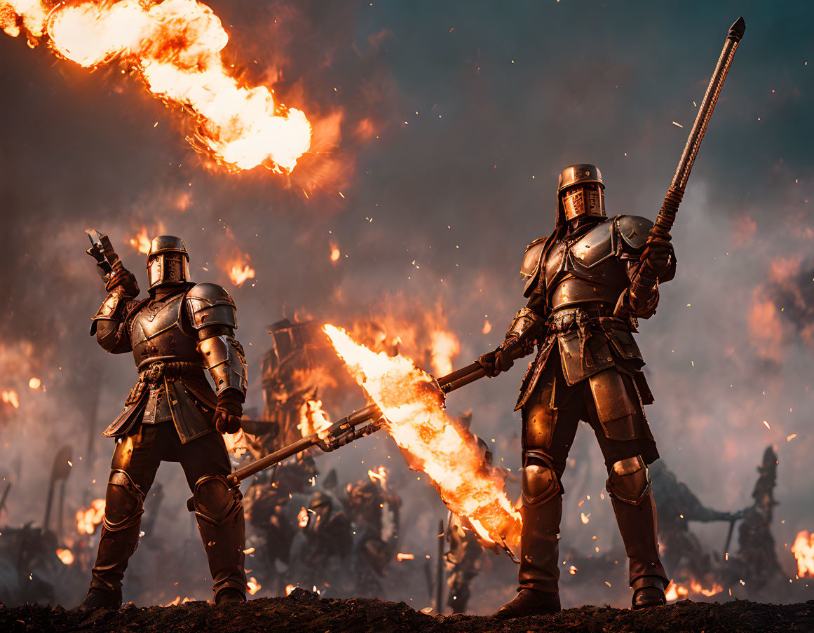 Armored figures with weapons on fiery battlefield