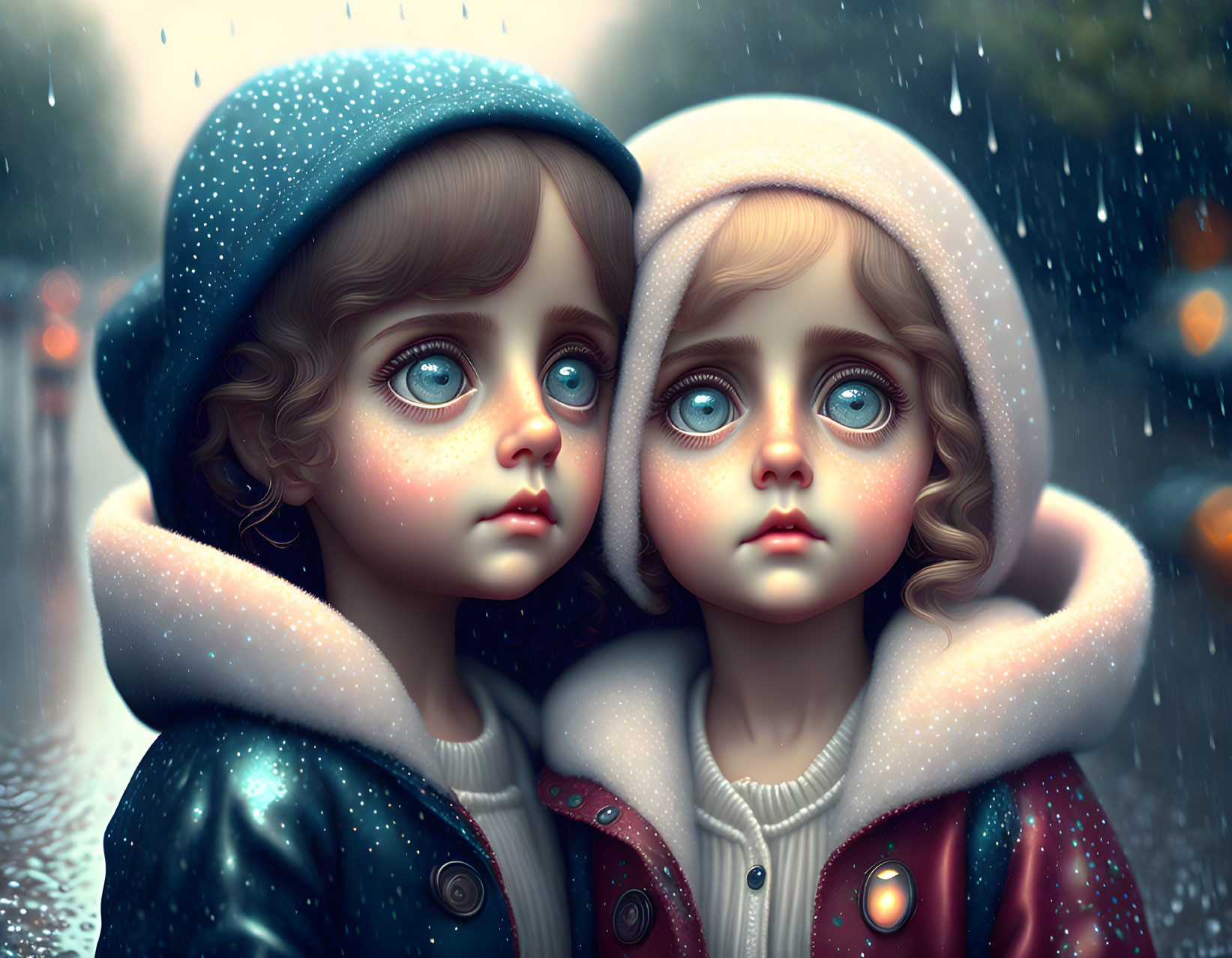 Illustrated children with blue eyes in hooded jackets under raindrops in cityscape.