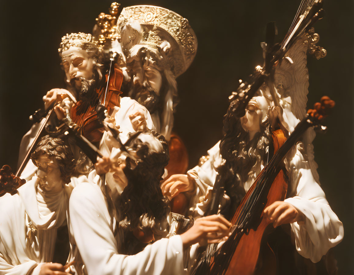 Baroque-style statues playing musical instruments in warm lighting