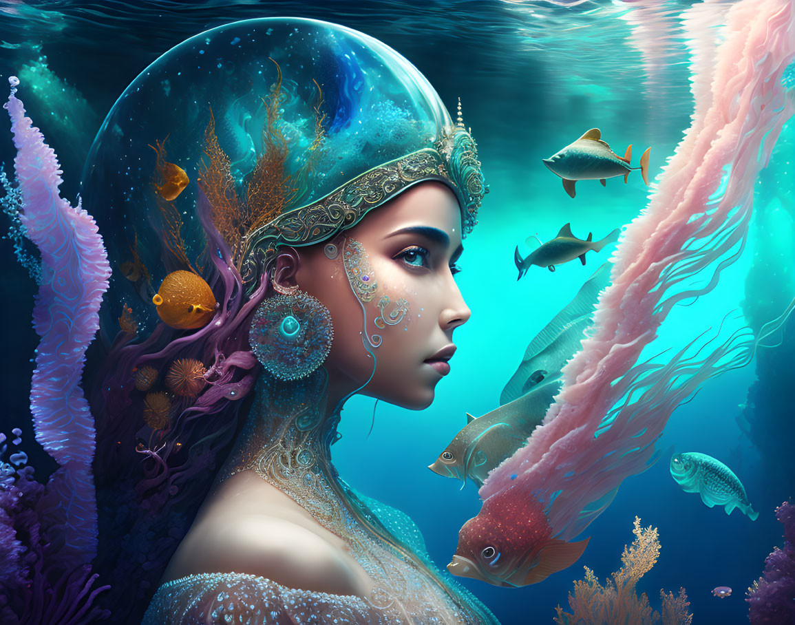 Fantastical portrait of woman with marine elements and ornate crown surrounded by fish and coral.