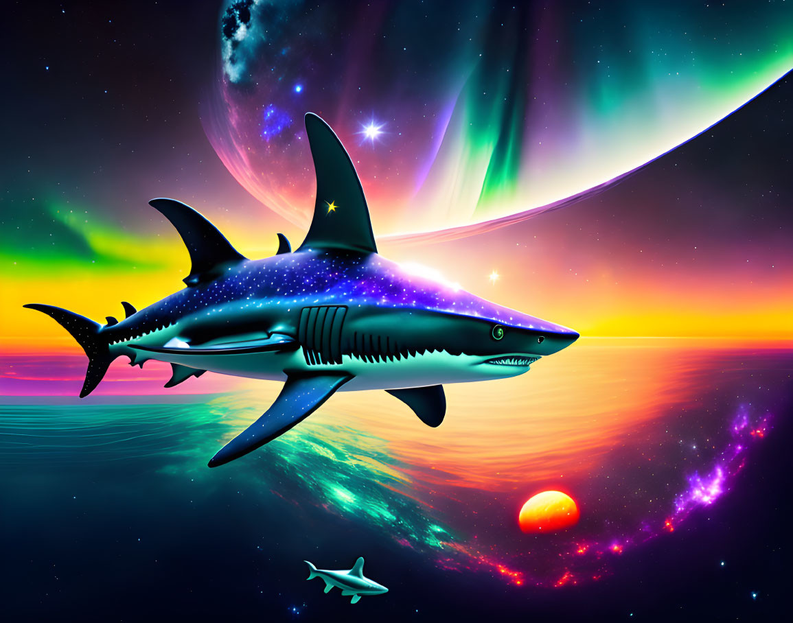 Starry cosmic shark swimming in space with auroras and vibrant sunset