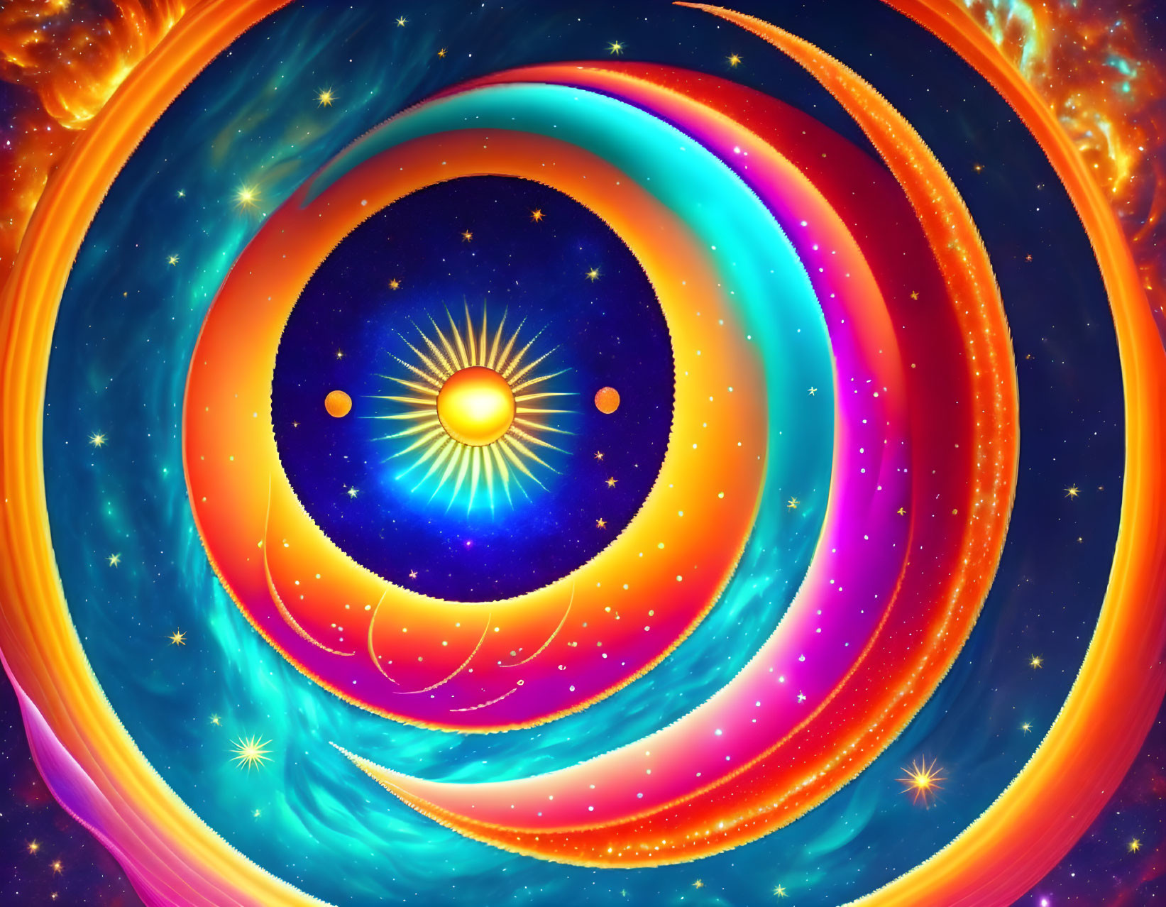 Colorful cosmic digital art: swirling rings around radiant star