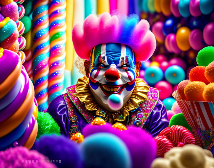 Colorful Clown with Blue Skin and Vibrant Hair Surrounded by Bright Candies