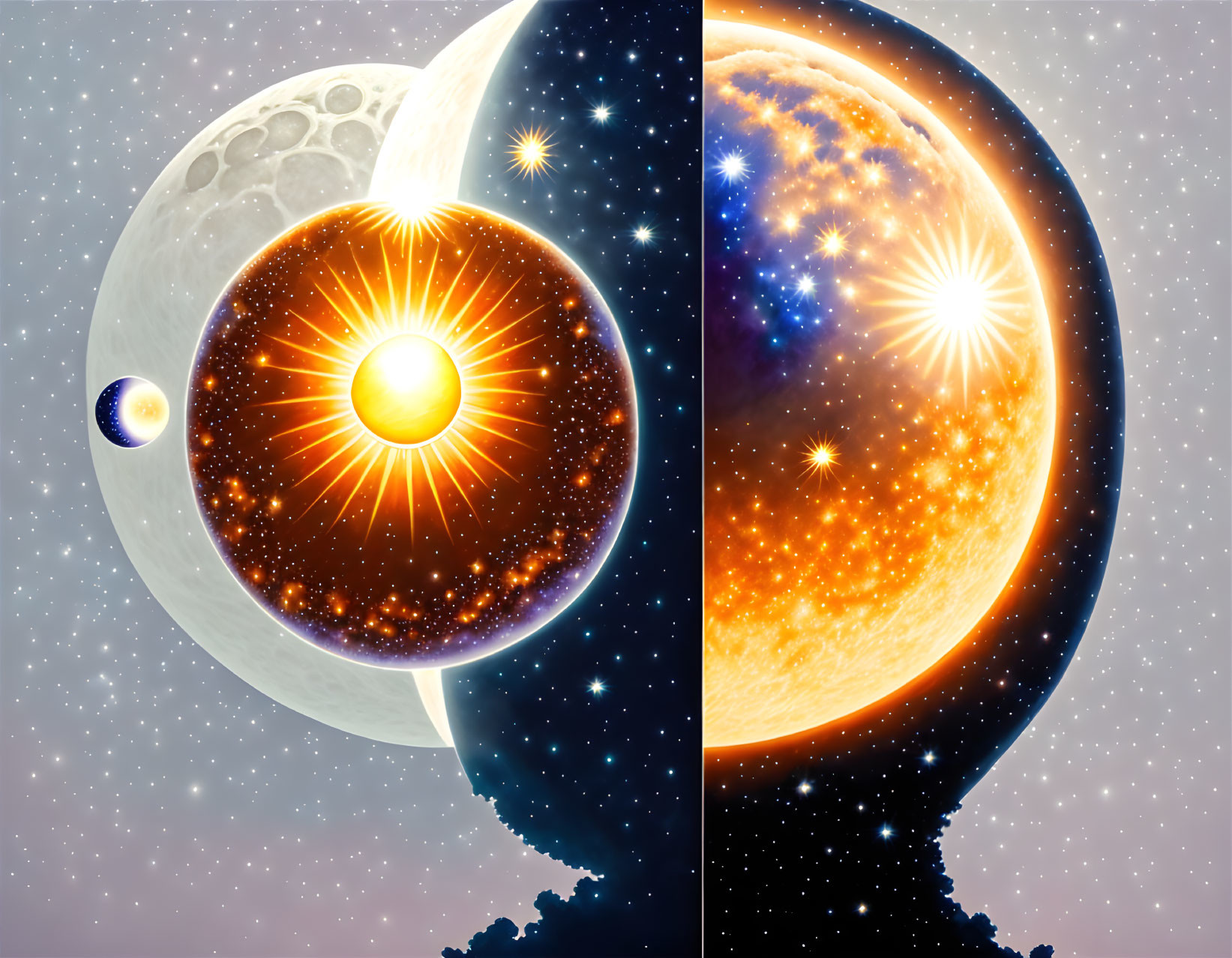 Bisected Sphere with Sun, Stars, Moon Surface, and Blue Planet