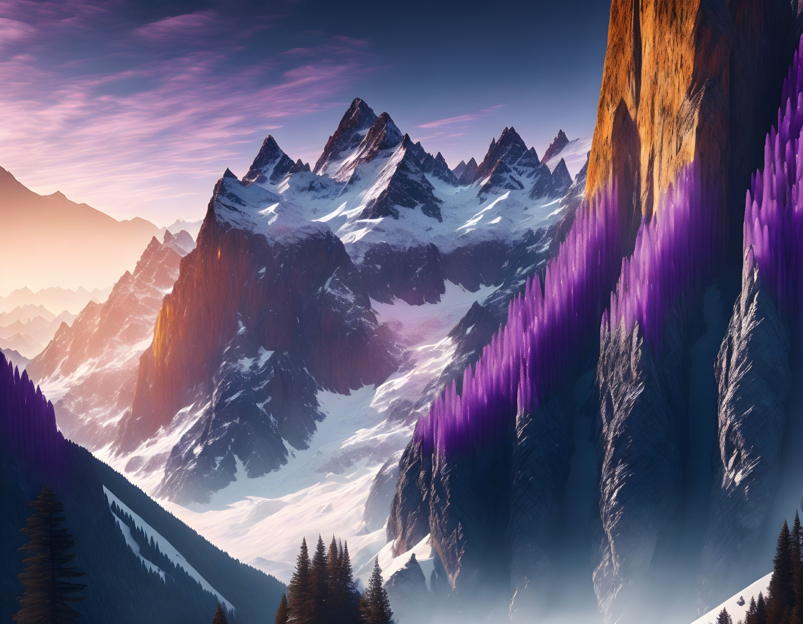 Purple-Tinted Snowy Mountains at Sunset with Dramatic Sky