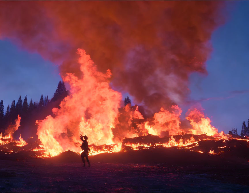 Silhouetted person against massive night wildfire with orange flames and smoke in forest.