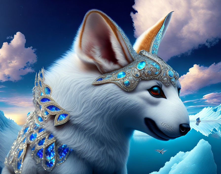 Striking white fox with red eyes in ornate headdress against whimsical sky and icy landscape