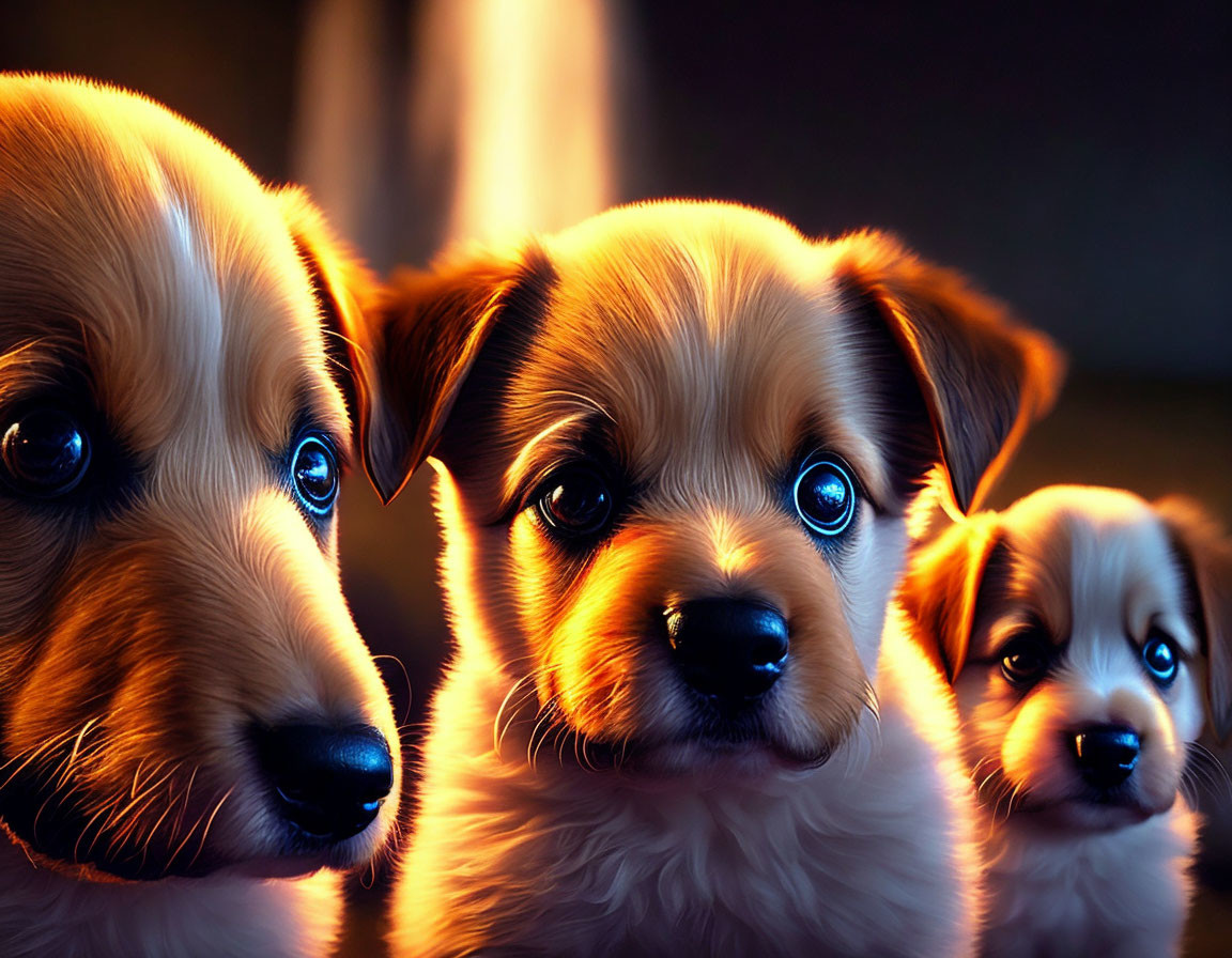 Three Cute Puppies with Shining Eyes in Warmly Lit Setting