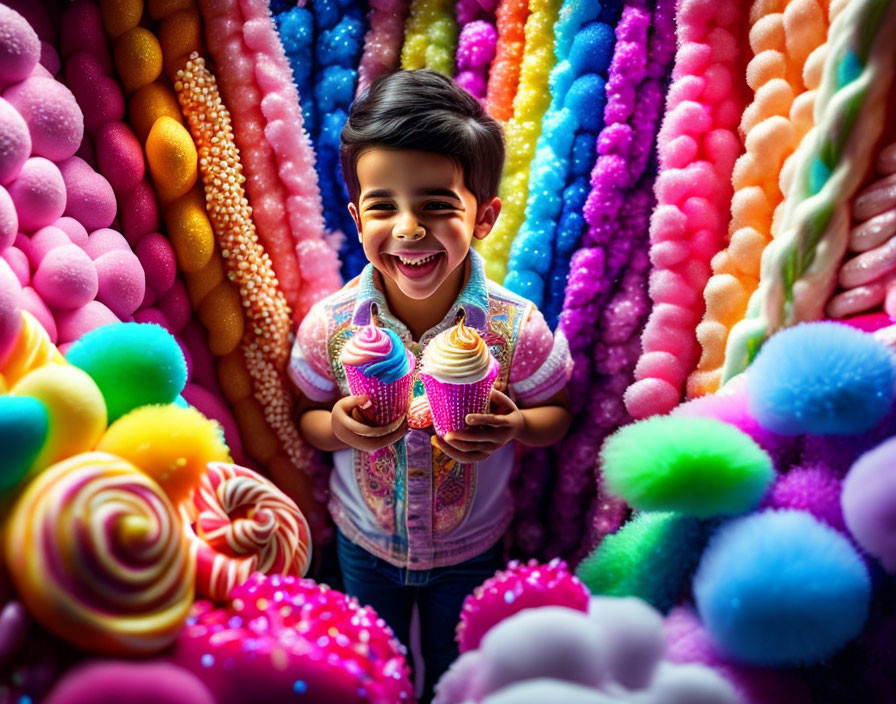 Child with cupcakes in colorful, whimsical scene