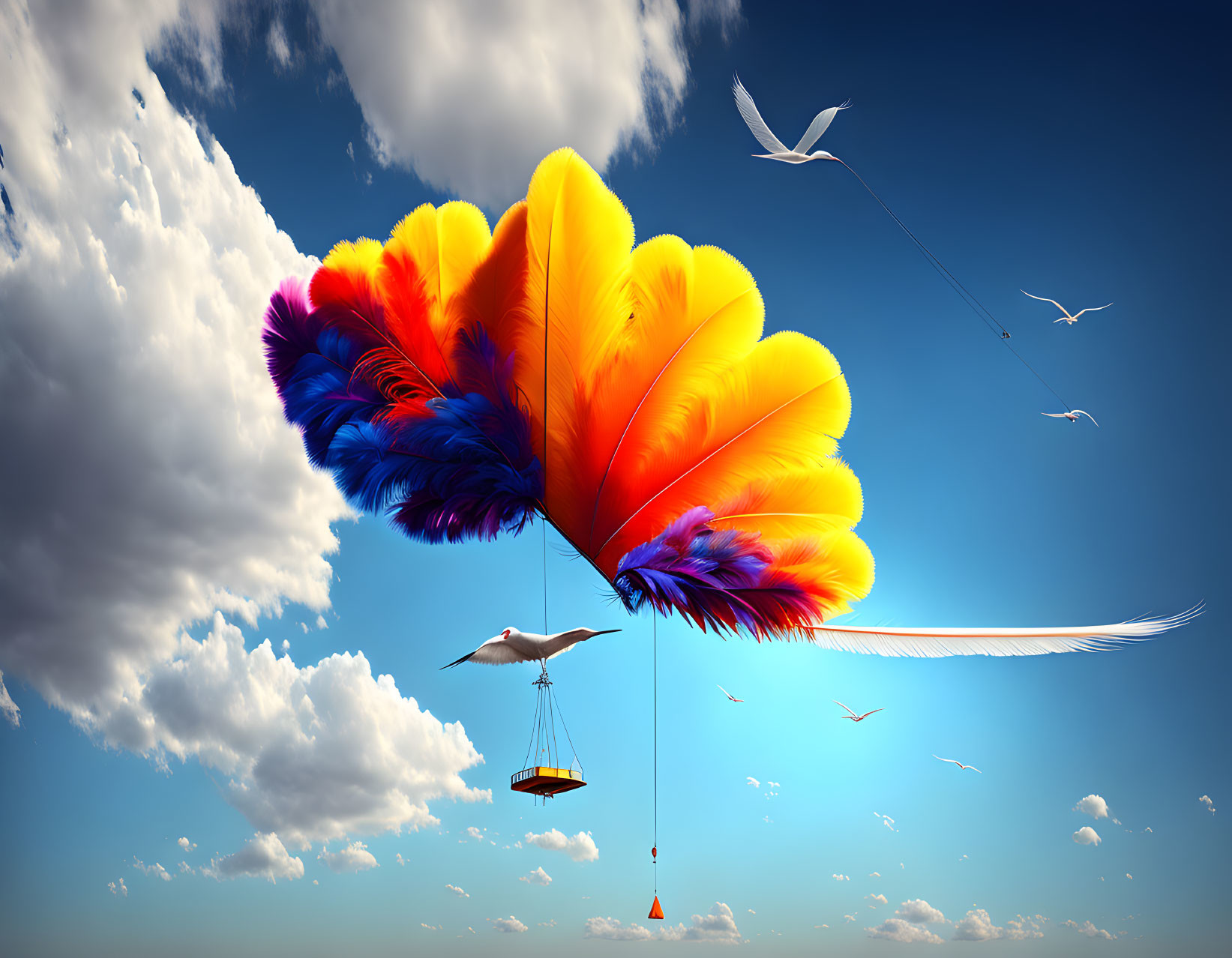 Colorful Feather Airship Floating in Blue Sky with Birds and Carousel