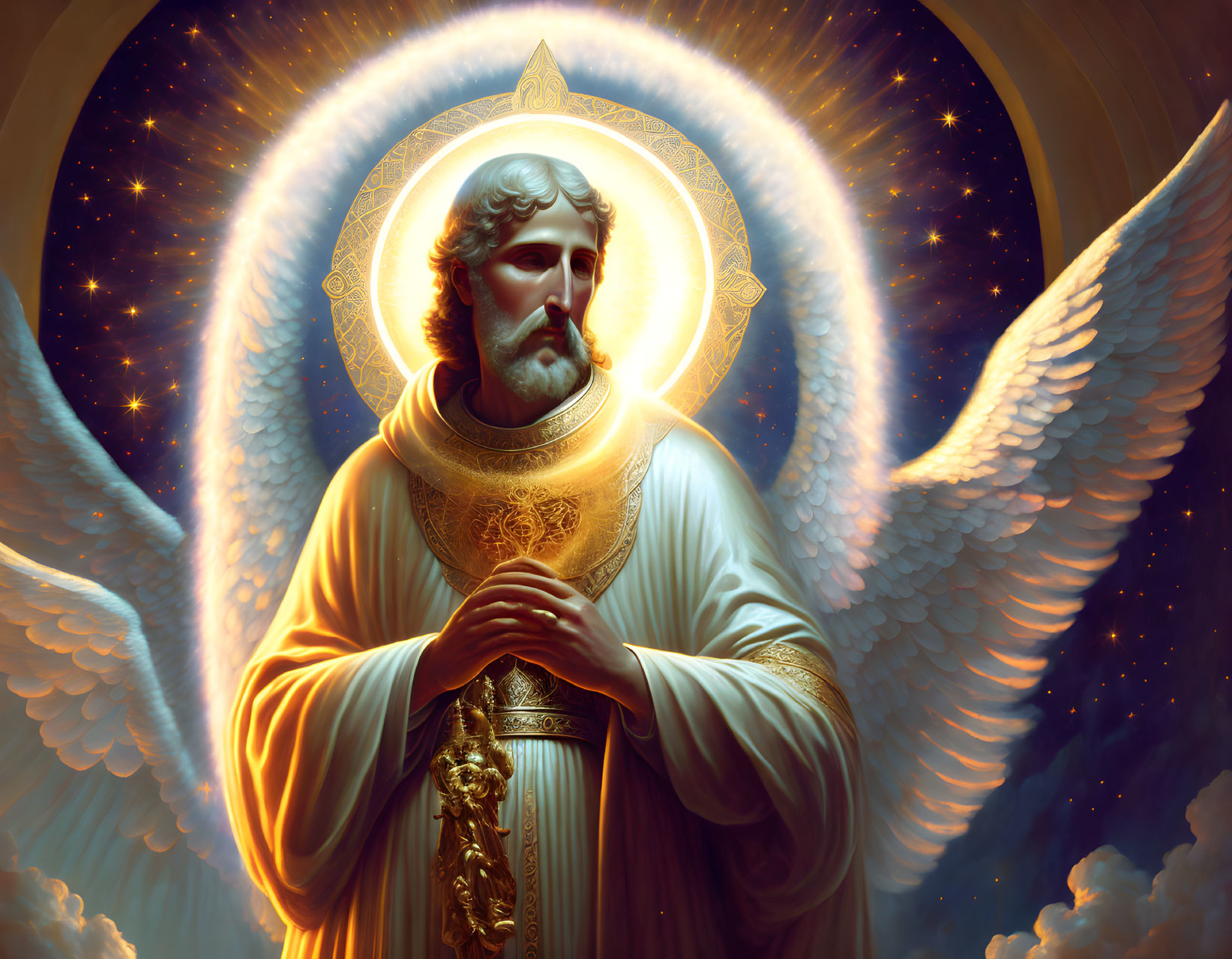 Saintly figure with halo, ornate robe, and angel wings in celestial setting