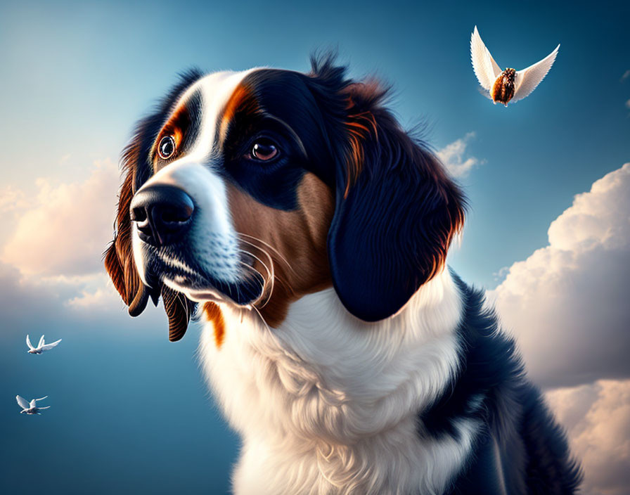 Tricolor dog gazing with flying bird against blue sky