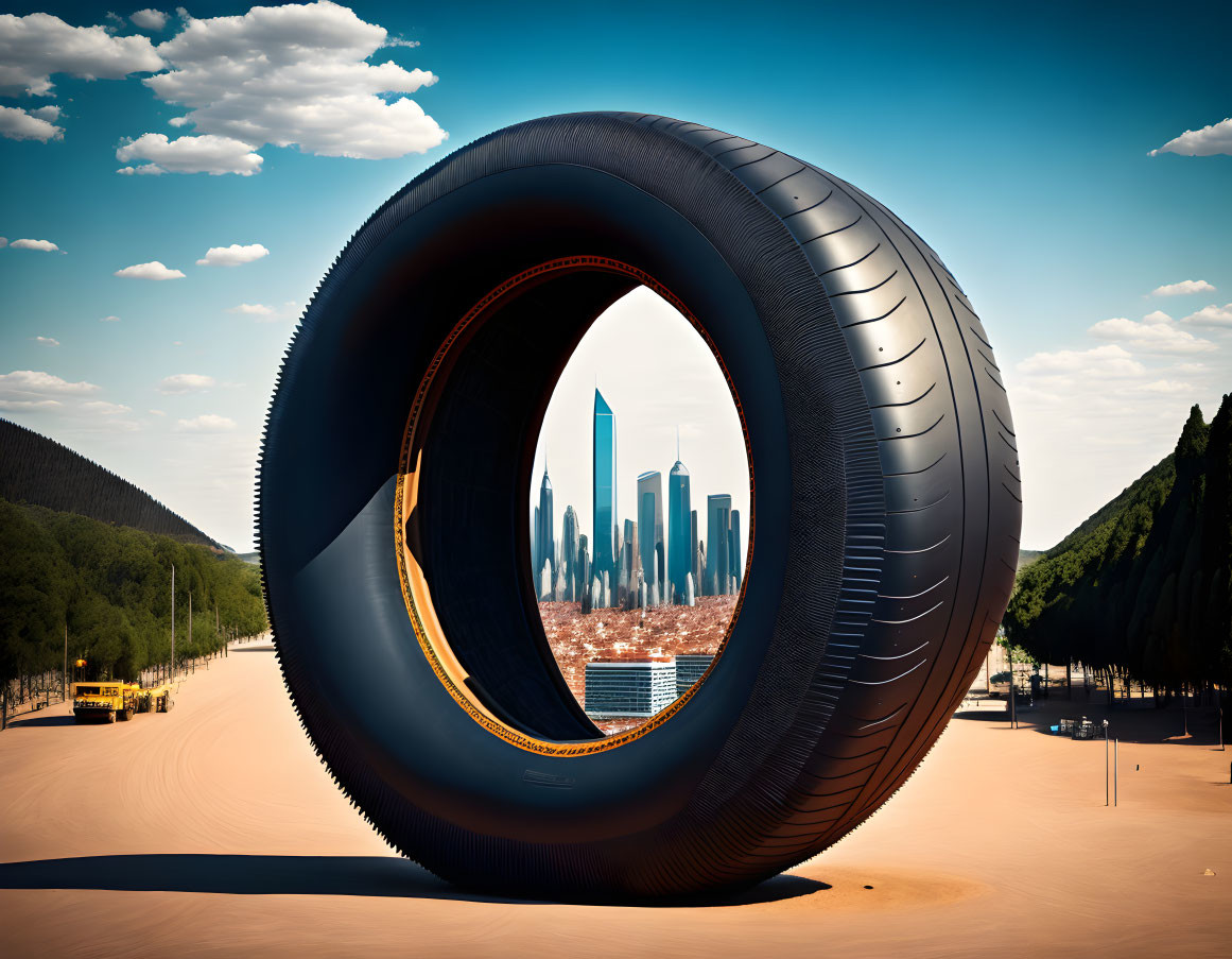 Surreal city skyline framed by giant tire in desert landscape