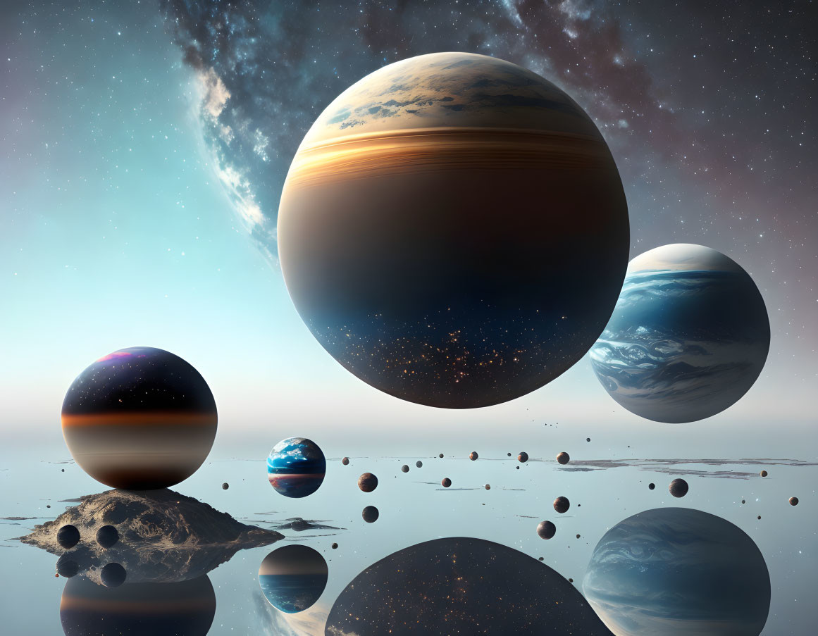 Surreal cosmic landscape with hovering planets and distant galaxy