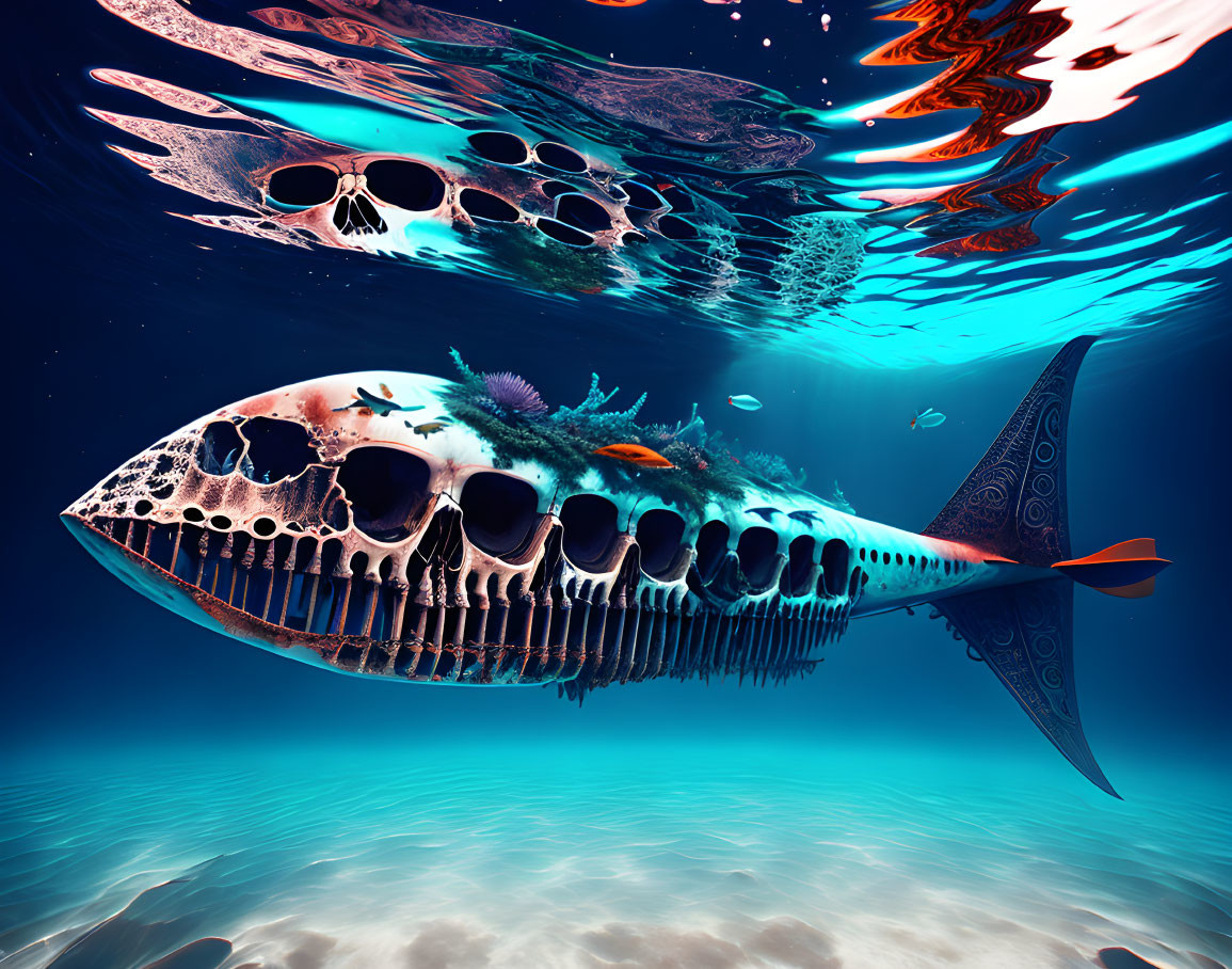 Vibrant coral growth with fish skeleton in surreal underwater scene