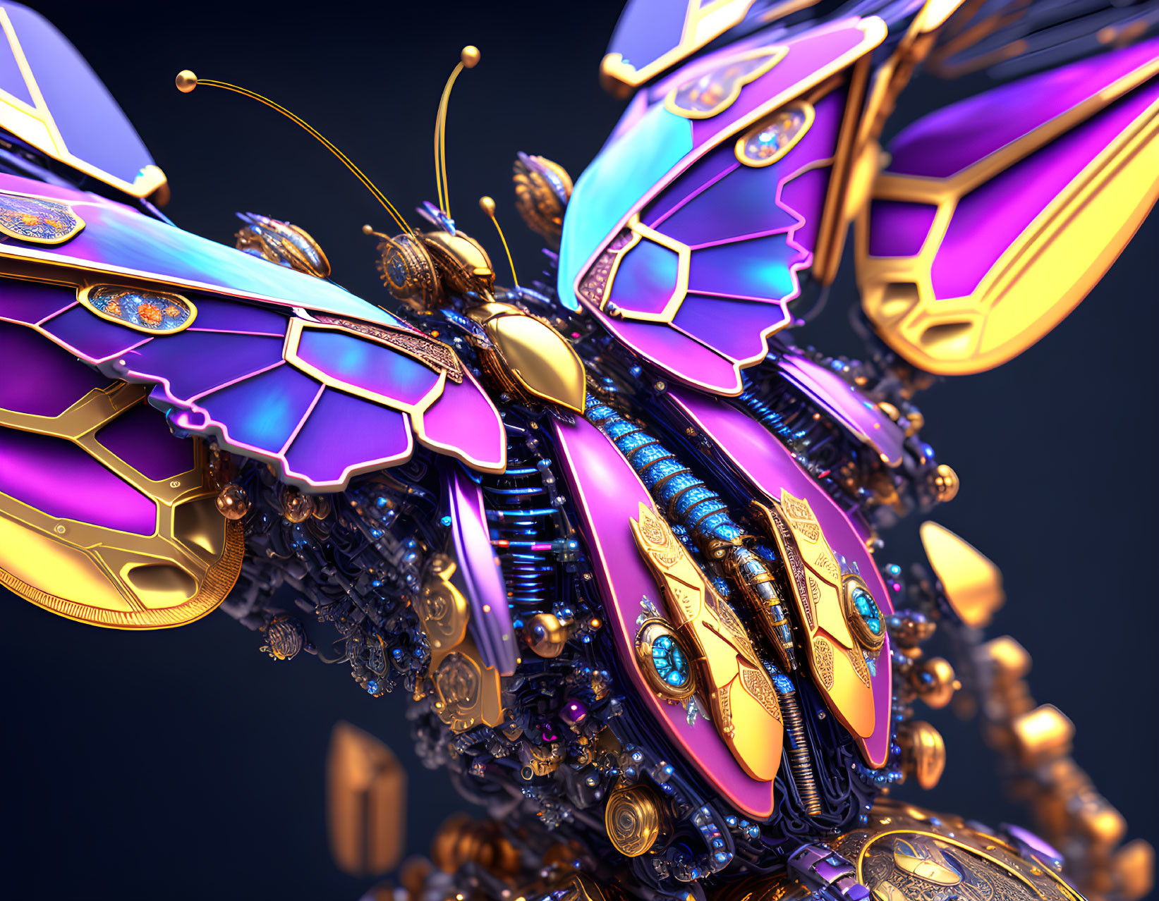 Colorful 3D mechanical butterfly with intricate metallic designs