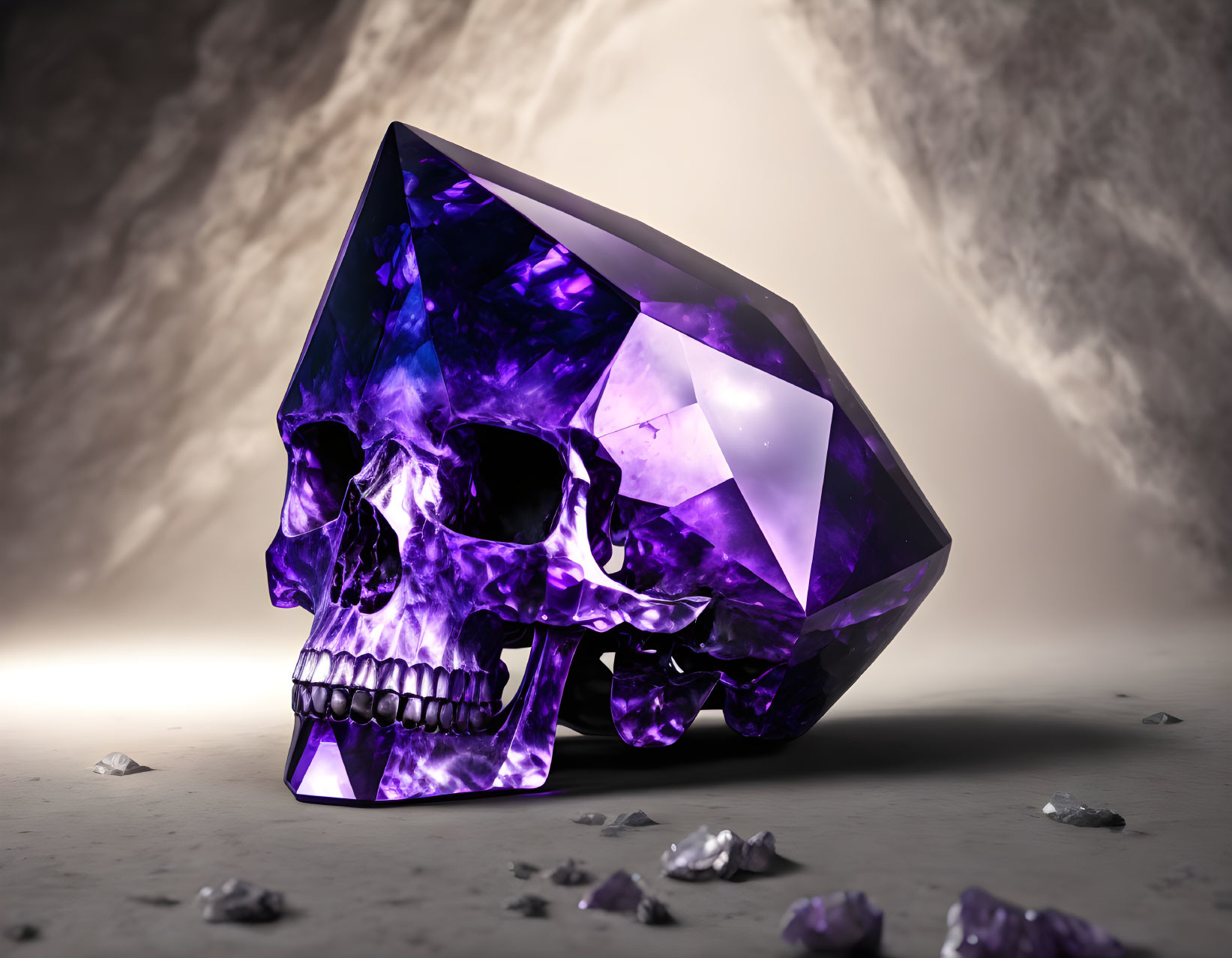 Purple Crystal Skull Juxtaposed with Dust Cloud and Fragments