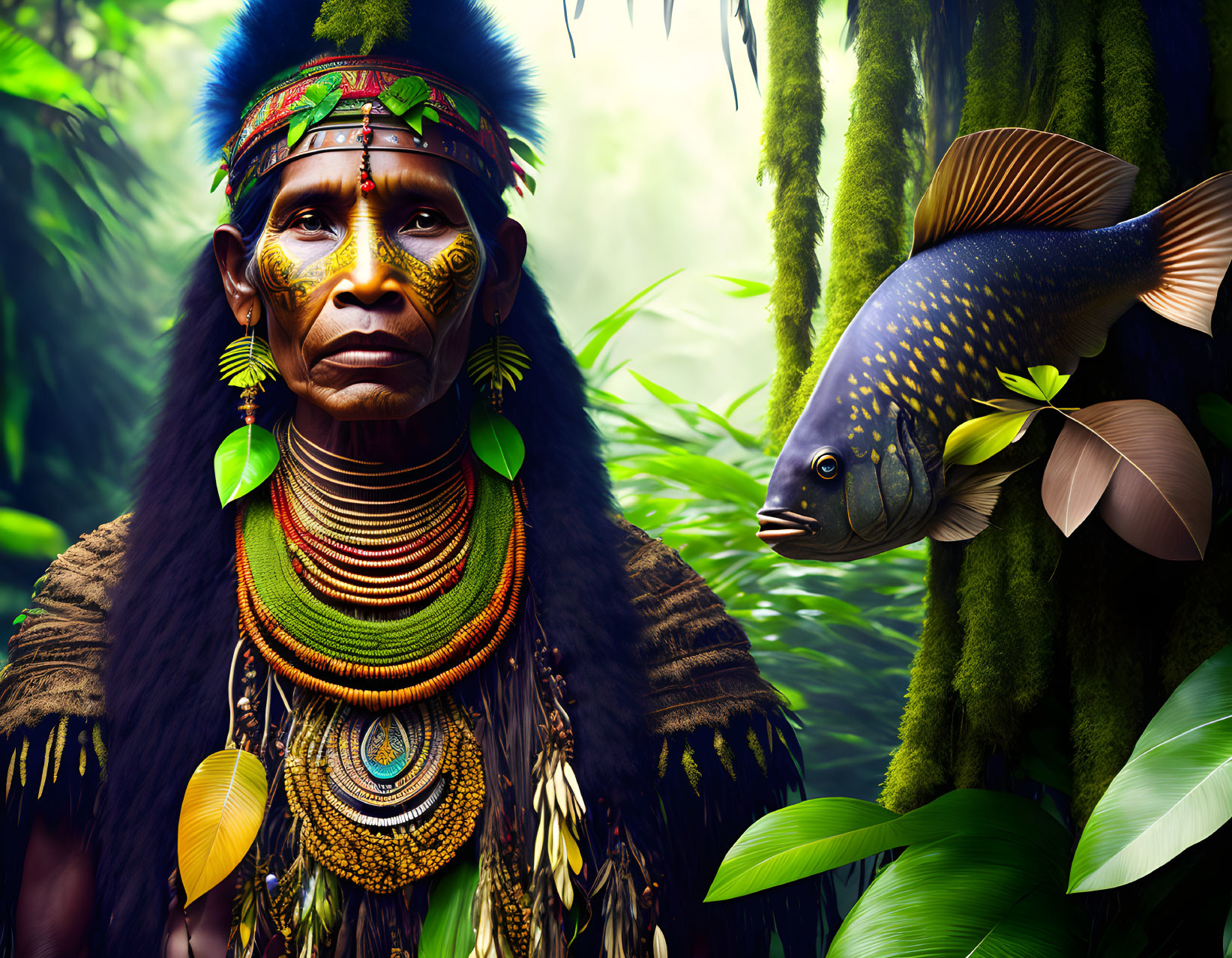 Indigenous person in traditional attire with colorful bead necklaces and headdress, standing in lush jungle with