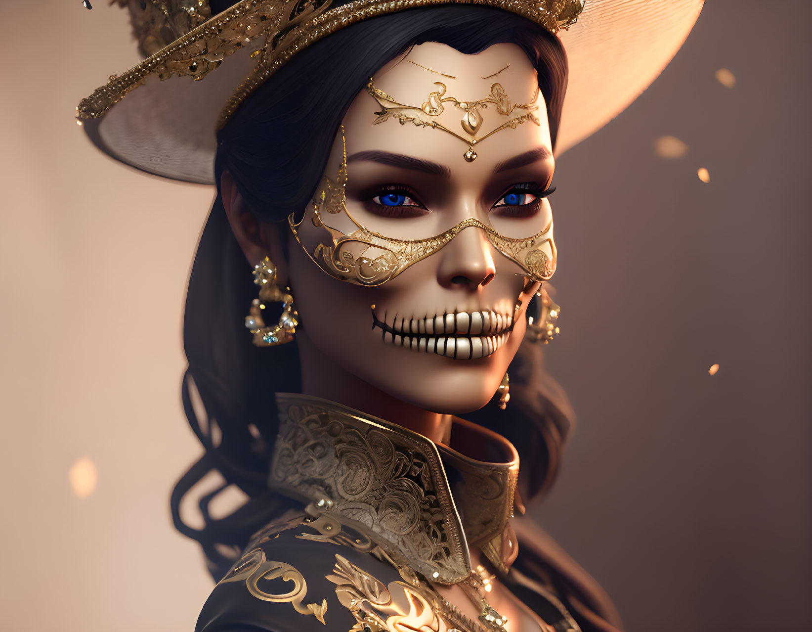 Person with skull makeup in adorned attire against warm backdrop