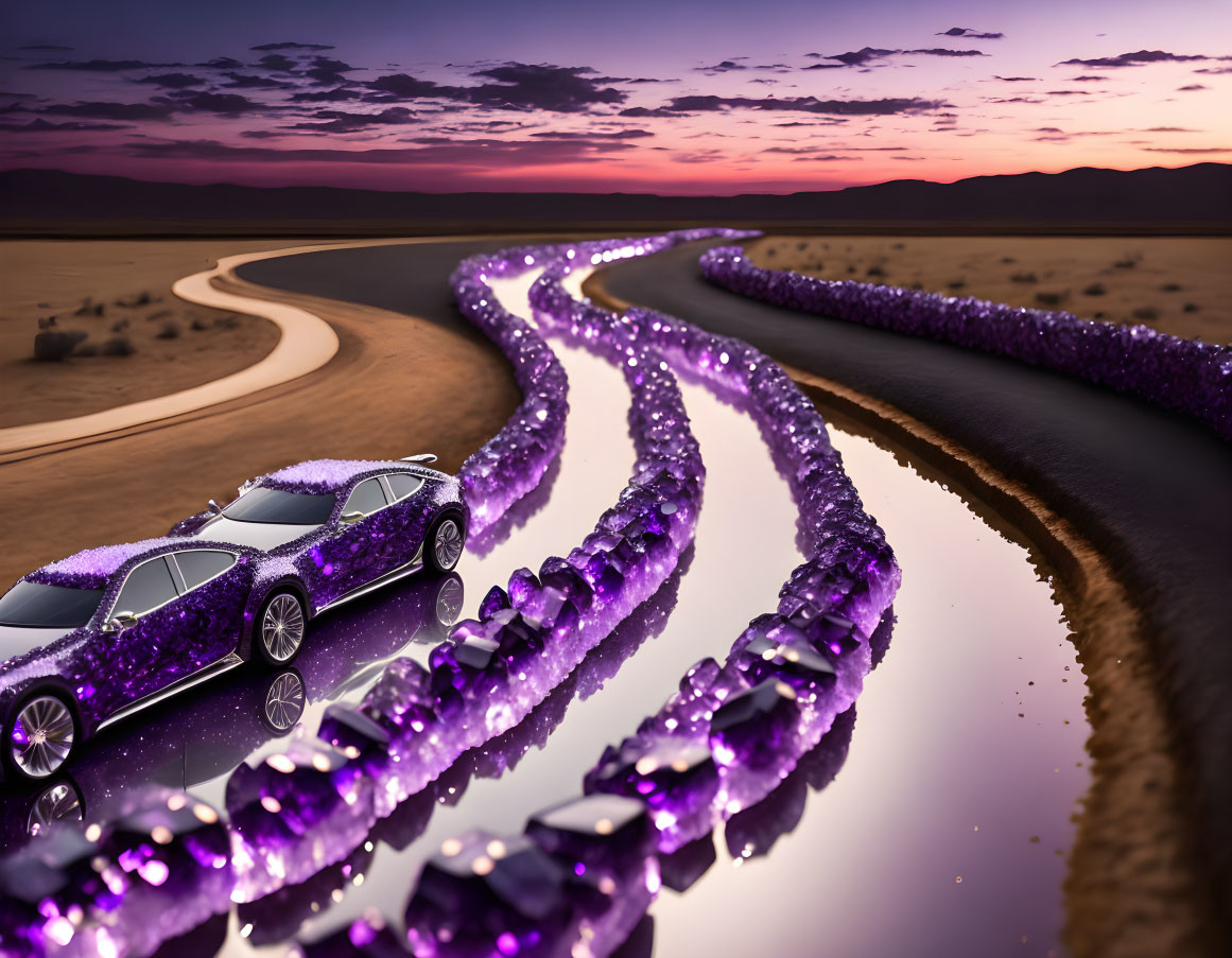 Luxury Cars Creating Sparkling Purple Trail at Dusk