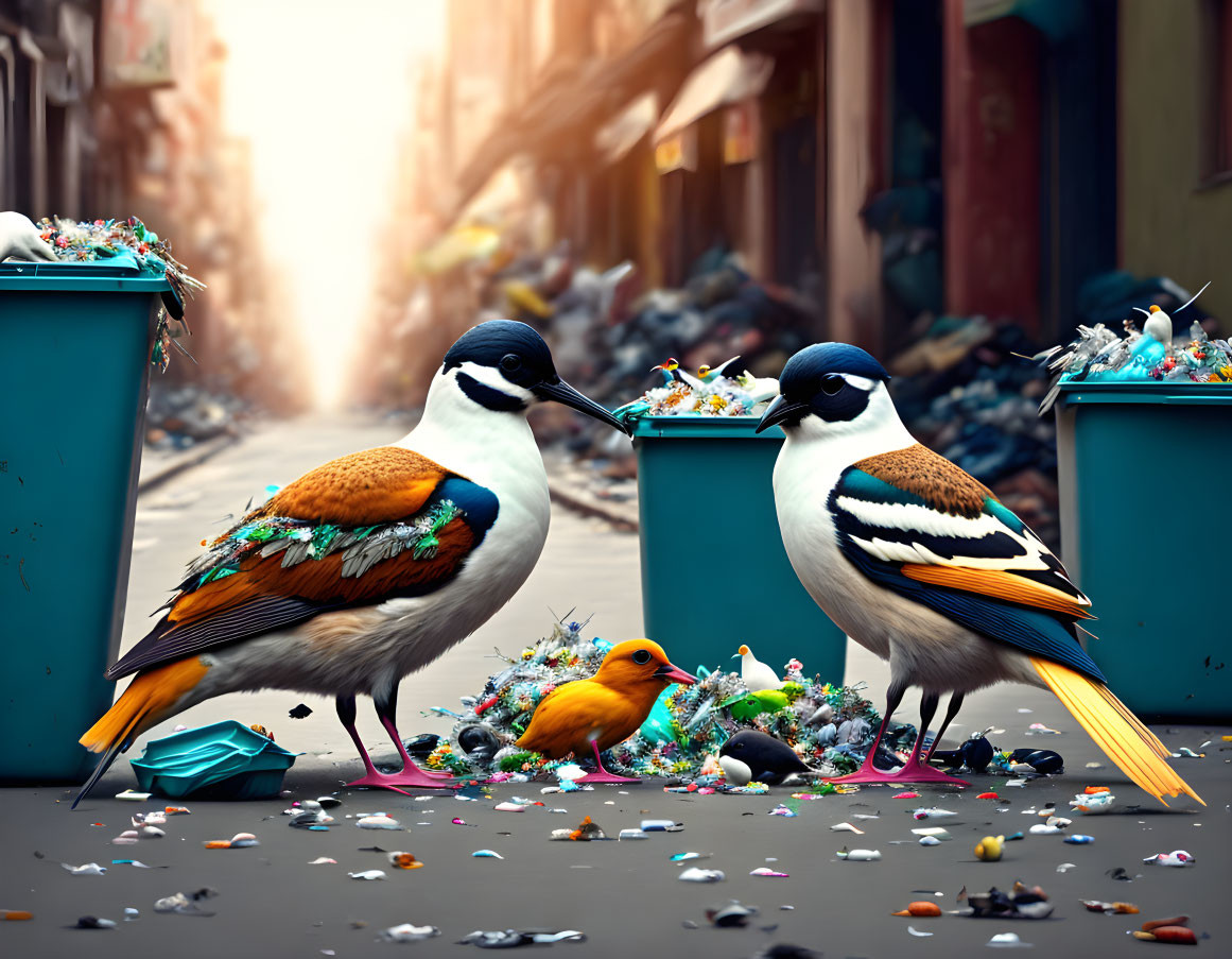 Colorful oversized birds in urban alley with smaller orange bird and garbage bins.