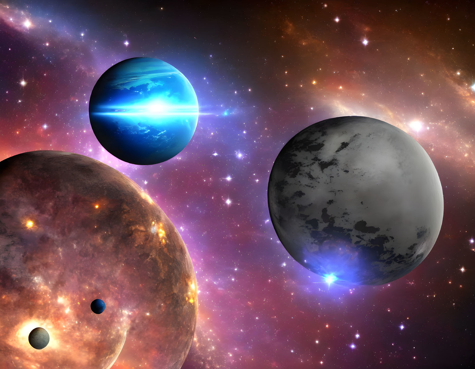 Digital artwork featuring four celestial bodies in space