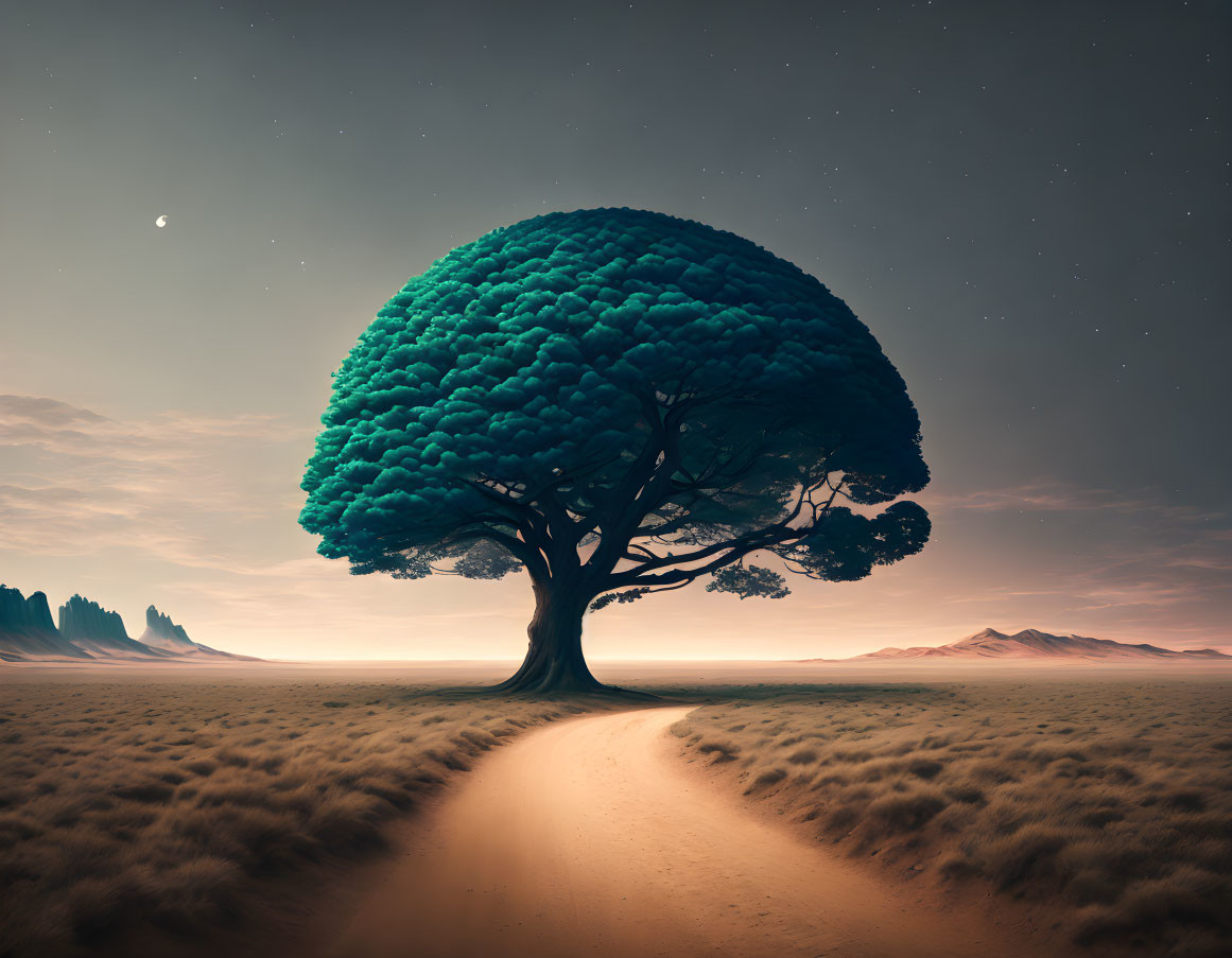 Vibrant solitary tree under night sky with crescent moon and path