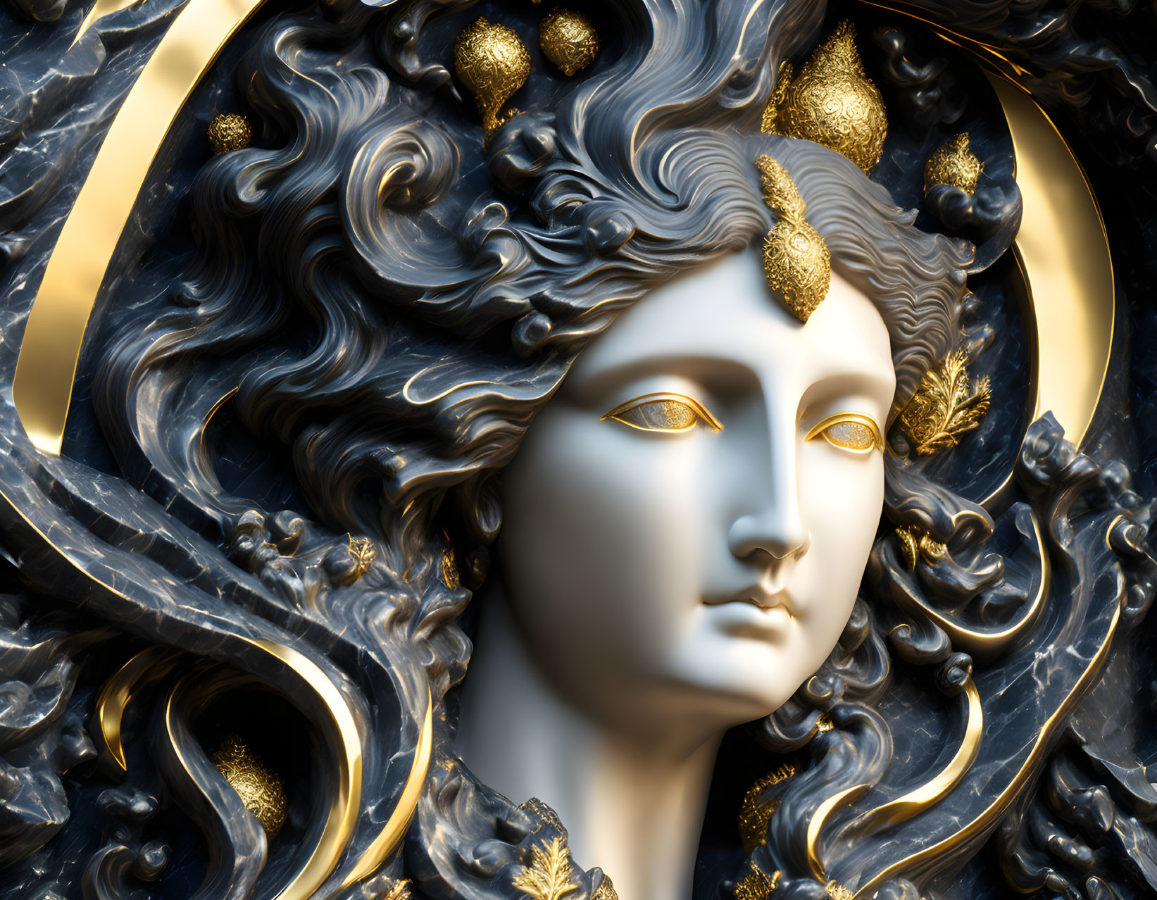 Sculpture of a Face with Swirling Blue Hair and Golden Adornments