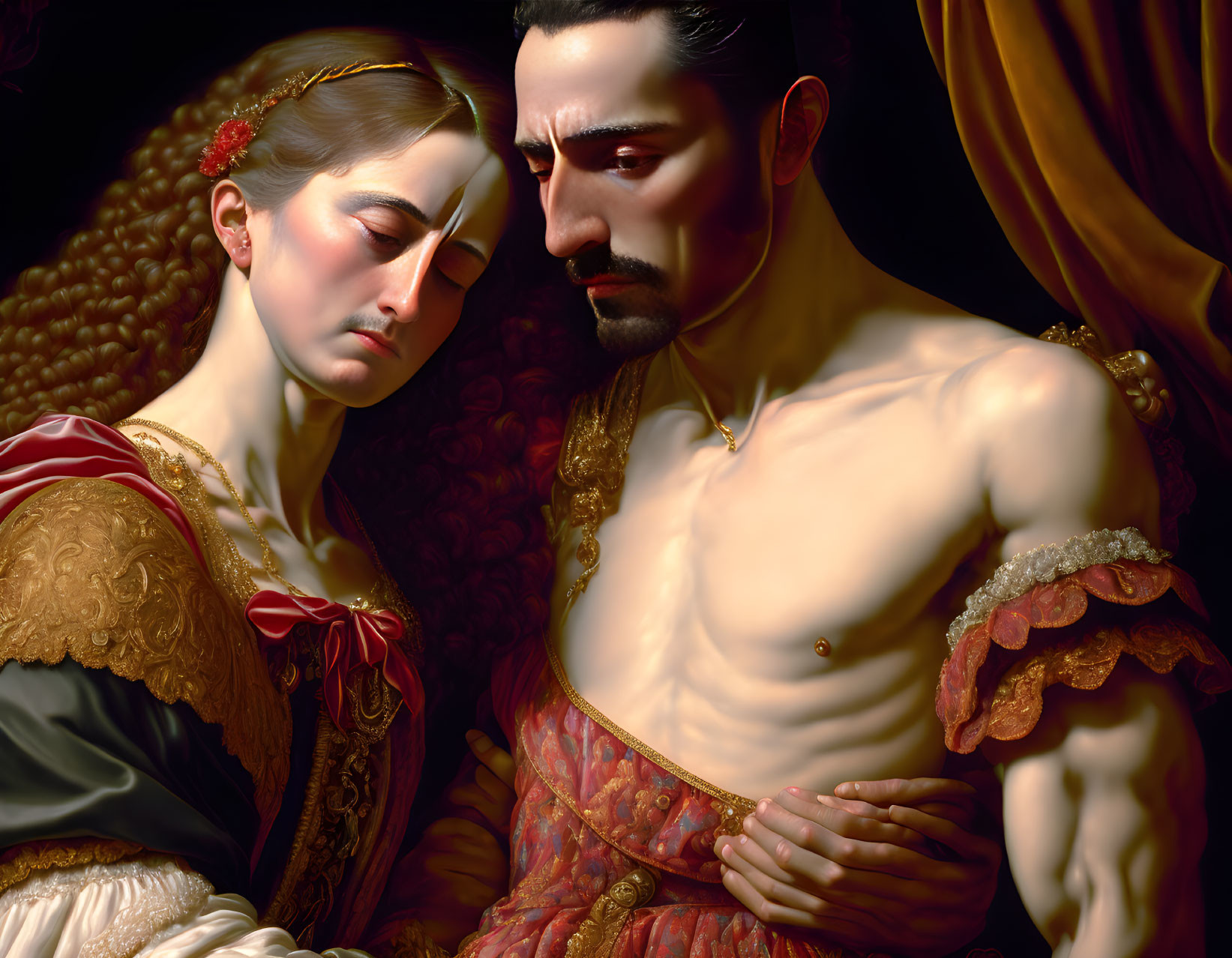 Detailed digital artwork: man and woman in renaissance attire with dramatic lighting and emotion-filled expressions