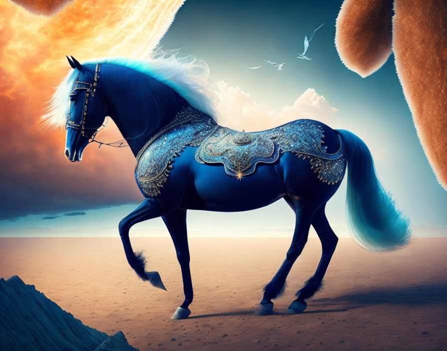 Majestic horse with blue bridle and ornate saddle in desert with surreal teddy bear and