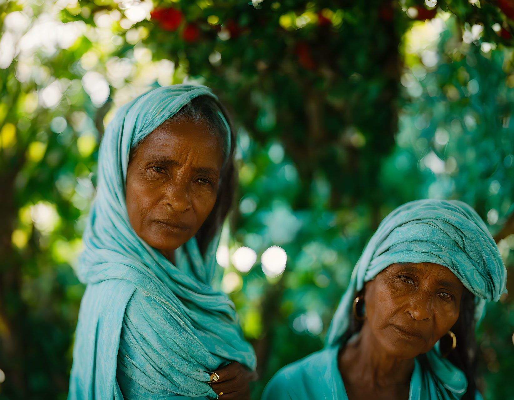 Elderly women in blue headscarves in lush garden pose solemnly