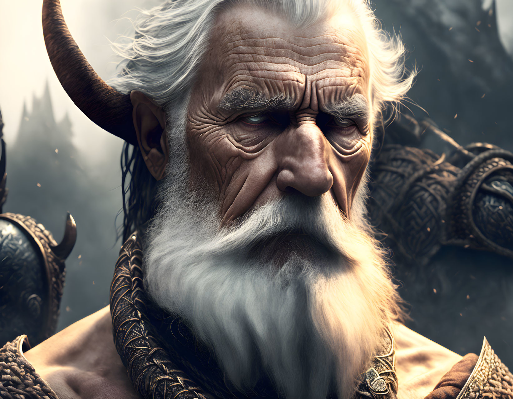 Elderly warrior with white hair and horns in forest setting