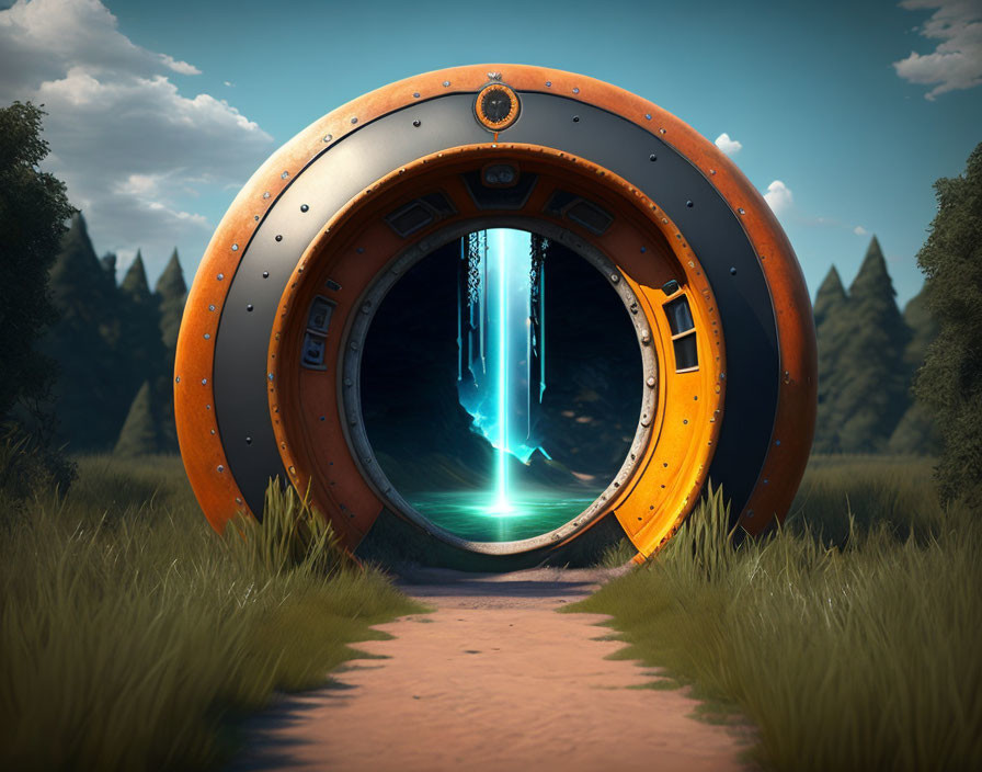 Futuristic circular portal with illuminated core in forest clearing