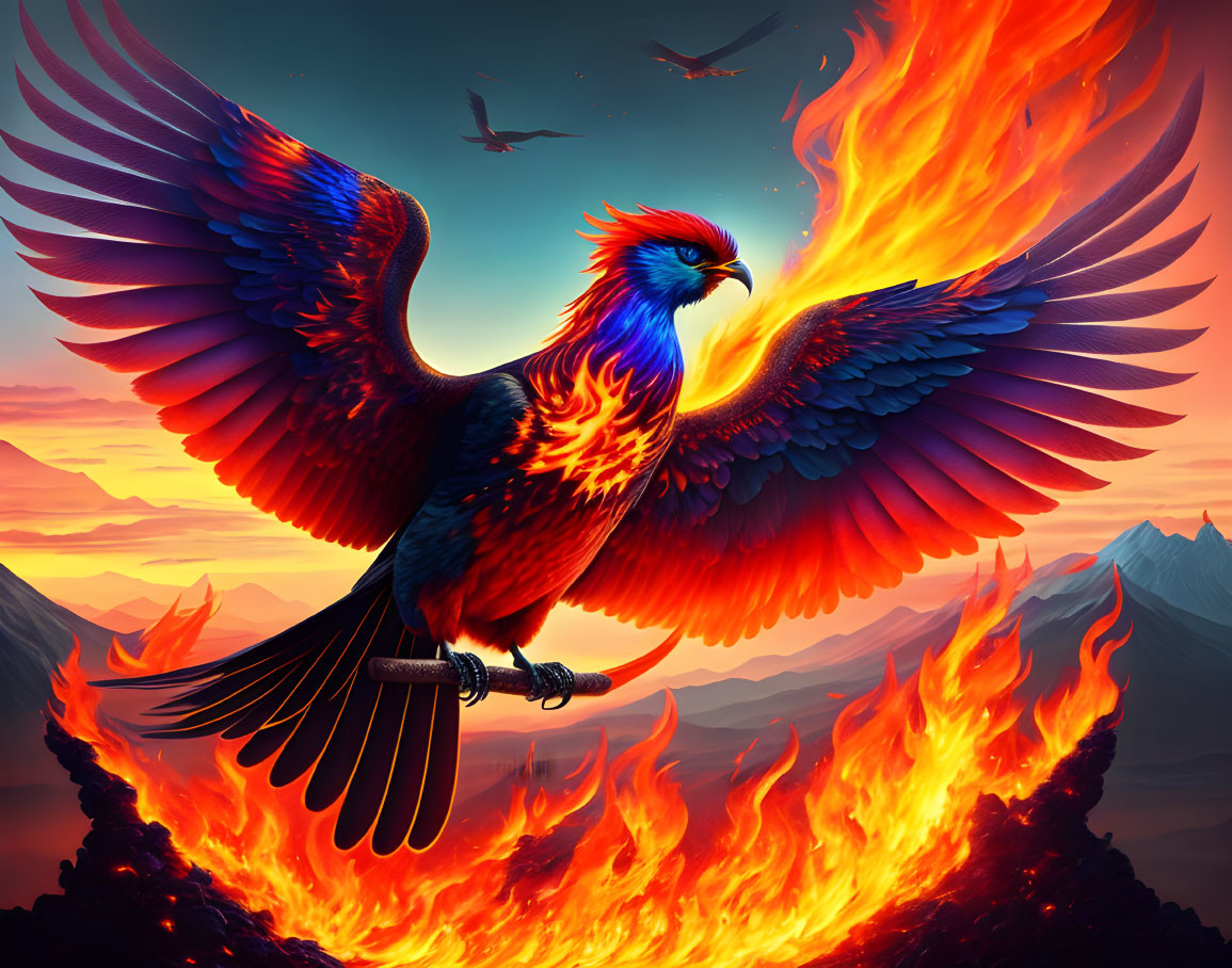 Majestic fiery phoenix soaring above flames in a mountainous sunrise-sunset scene