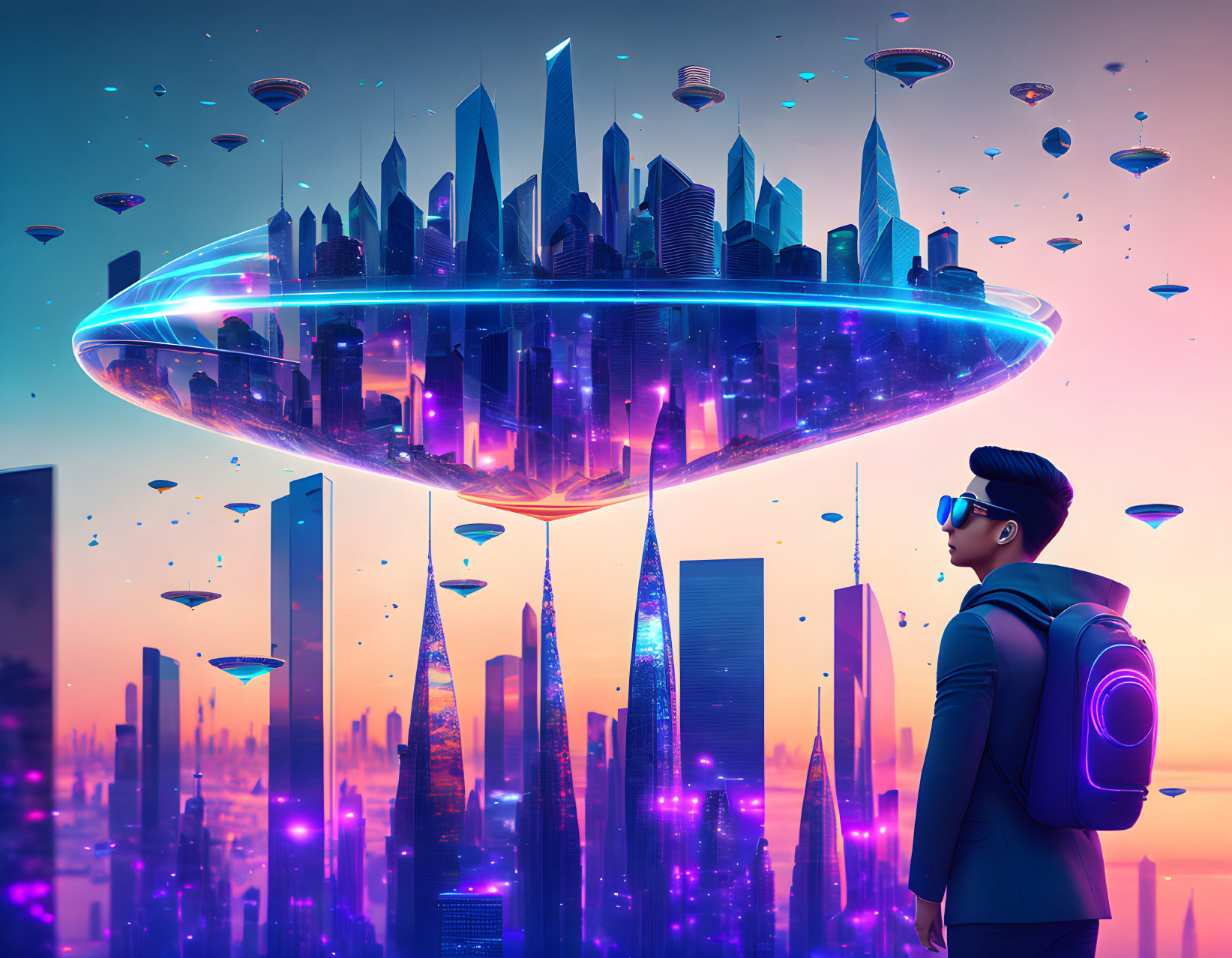 Man with backpack gazes at futuristic floating cityscape at twilight