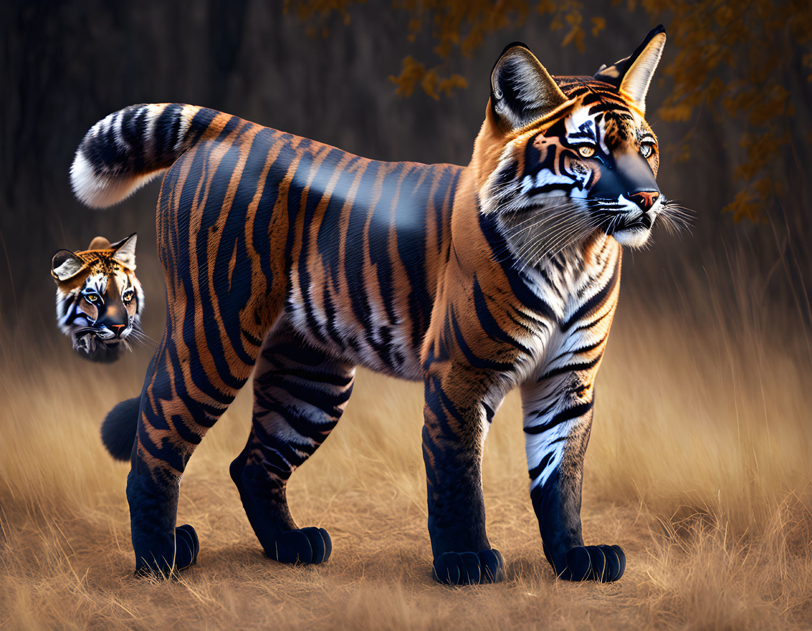 Stylized tiger with exaggerated features in autumn forest