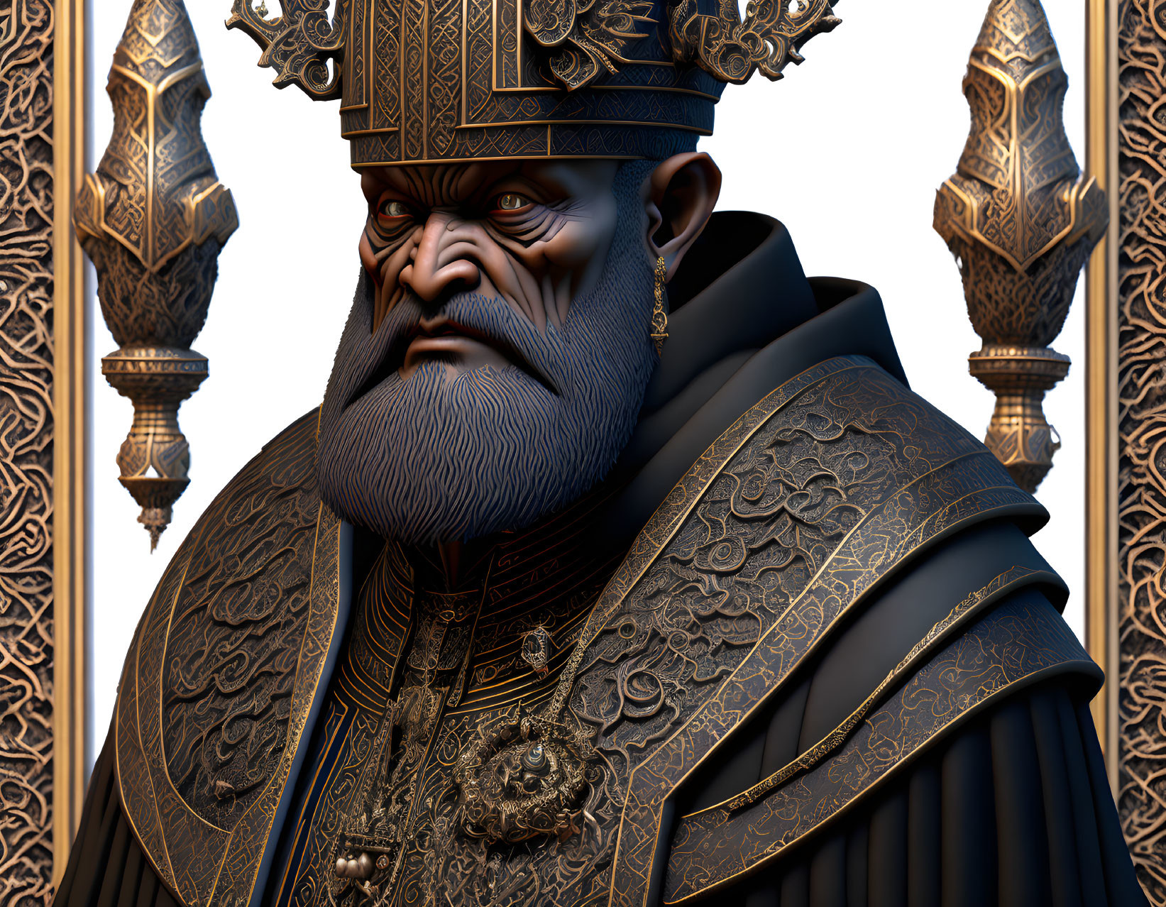 Detailed 3D rendering of regal figure in ornate crown and armor