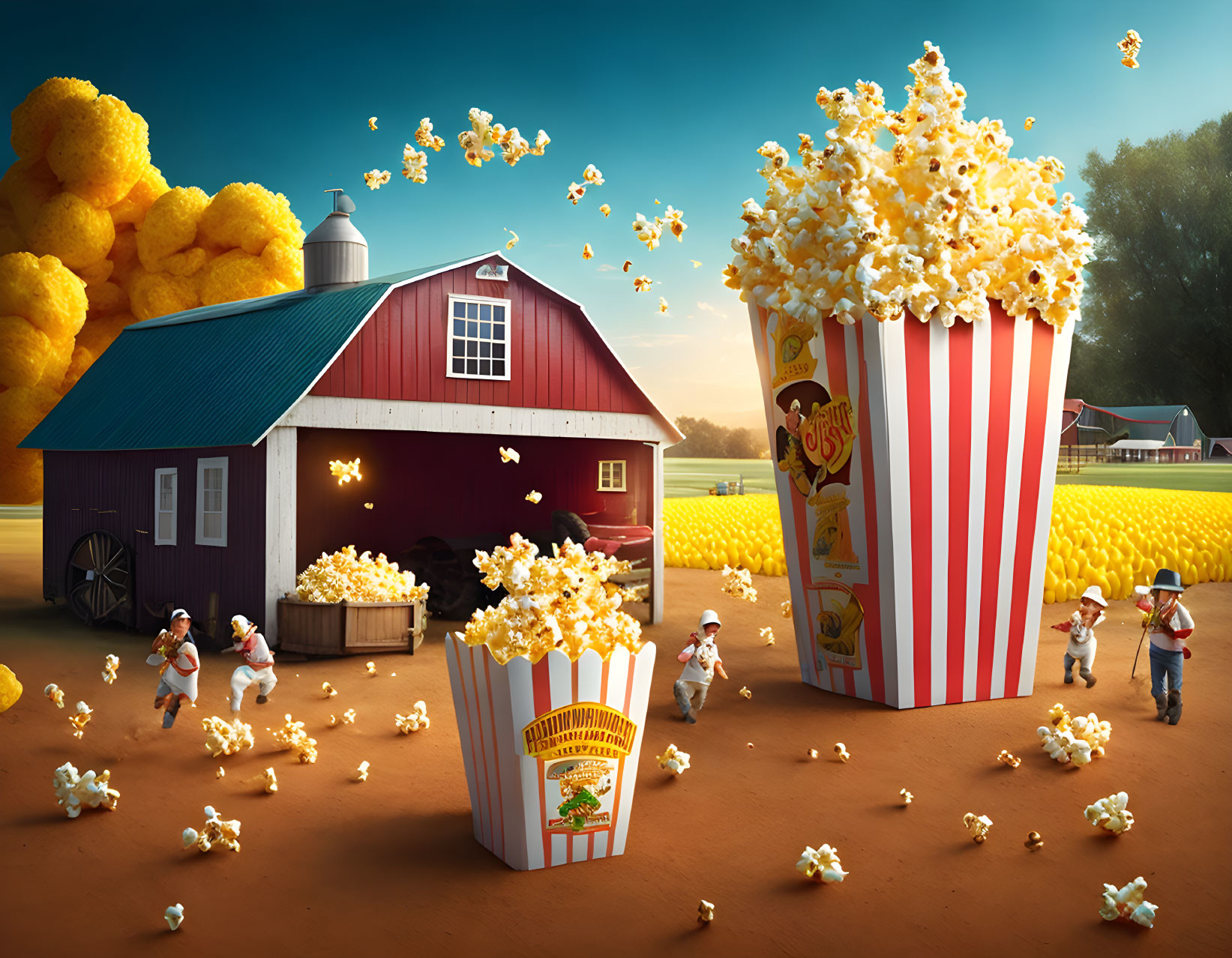 Farm scene with popcorn chickens, overflowing boxes, barn, cornfield, sunset sky