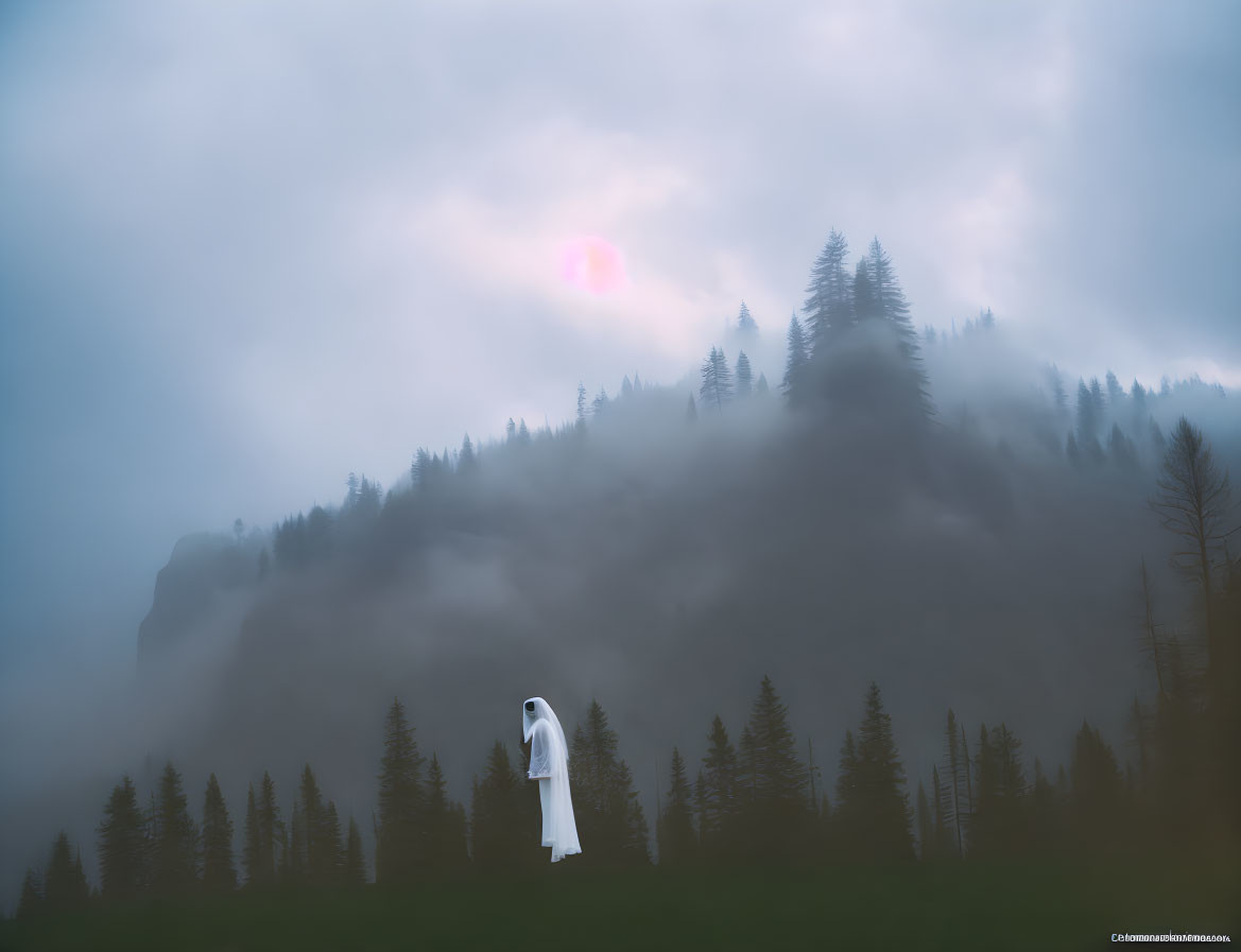 Ghostly figure in foggy forest with pink sun and misty trees.