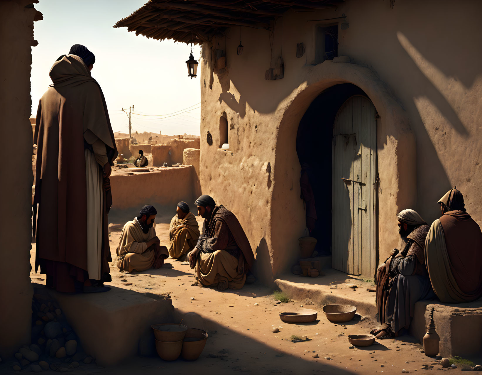 Traditional Robed Individuals Gathered in Sunlit Clay Village