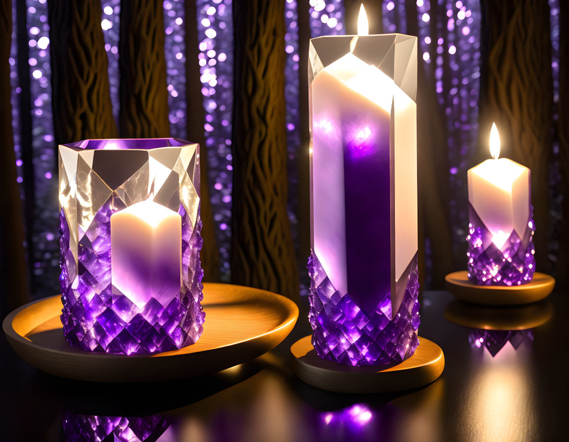 Three purple glow candles on crystal design against dark backdrop