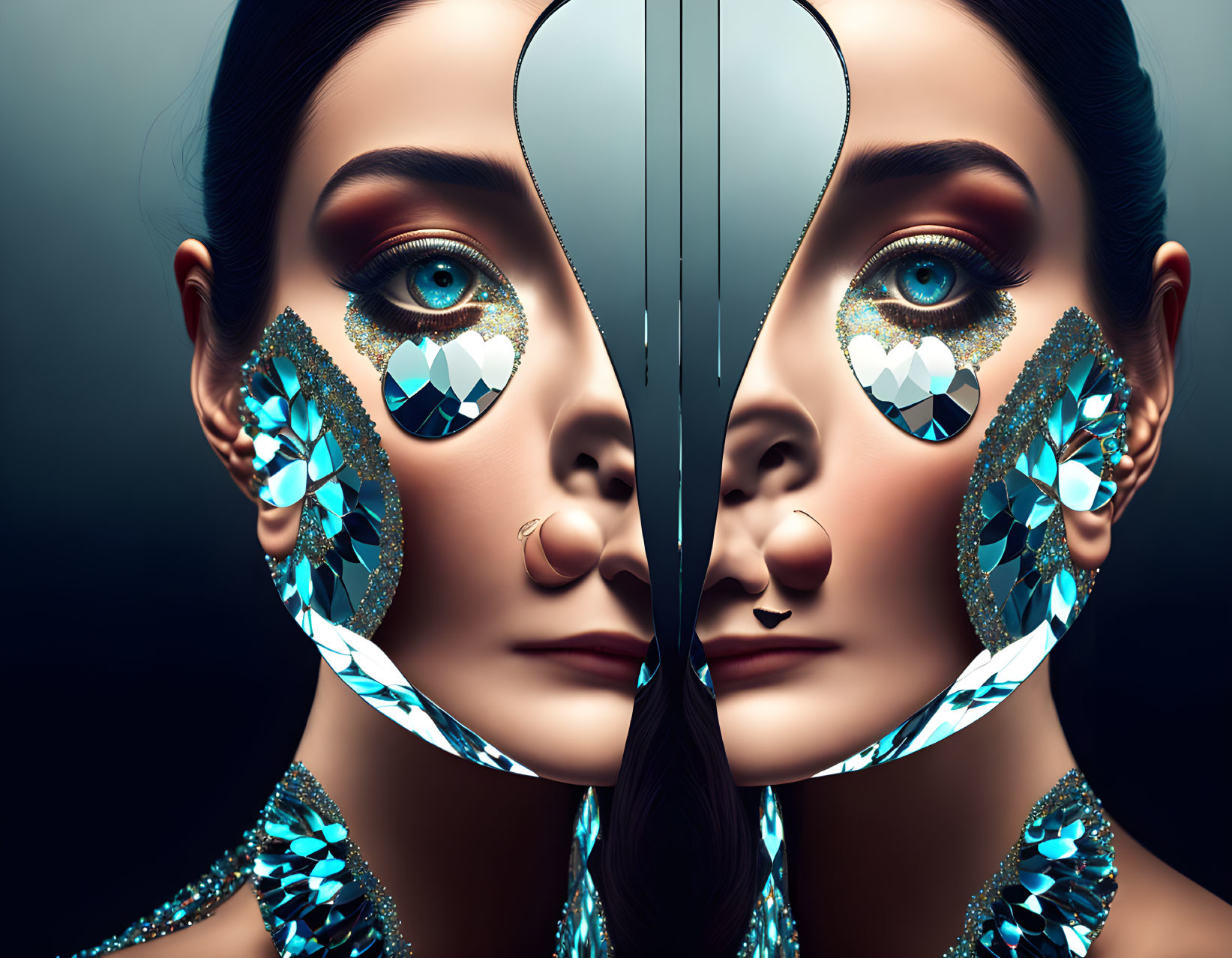 Symmetrical woman's face with jewel-like makeup in mirrored design