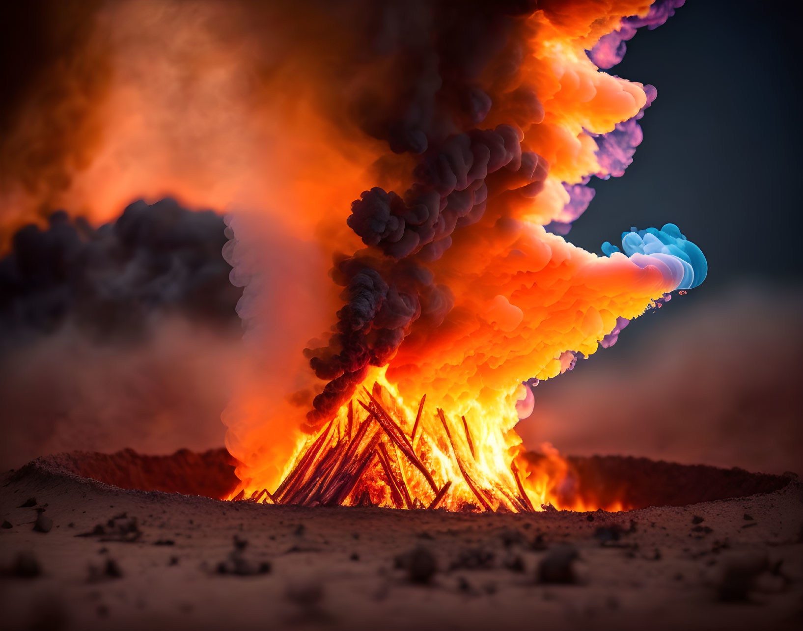 Intense fire with thick smoke over burning wooden structures