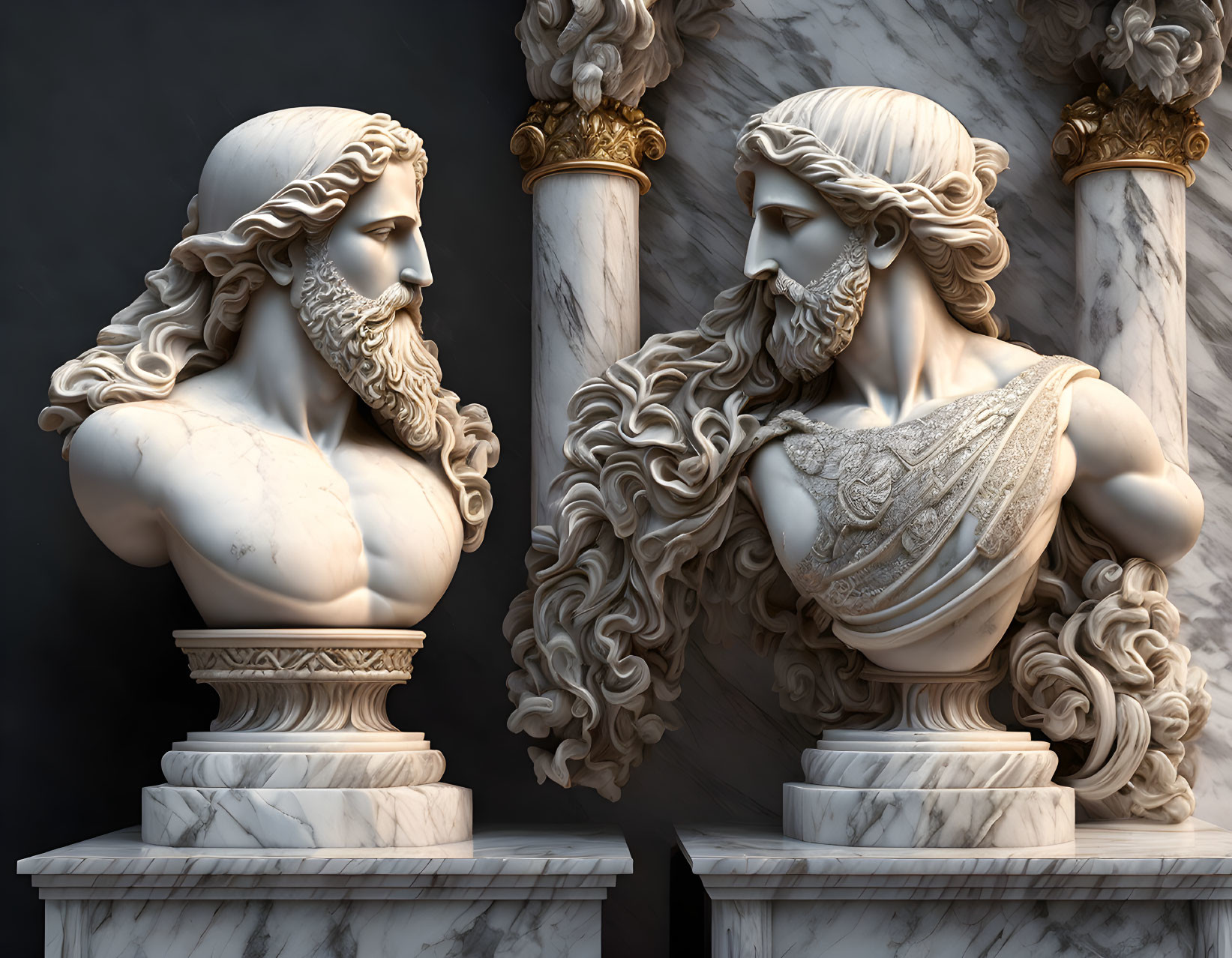 Intricately carved marble busts of bearded figures on dark background