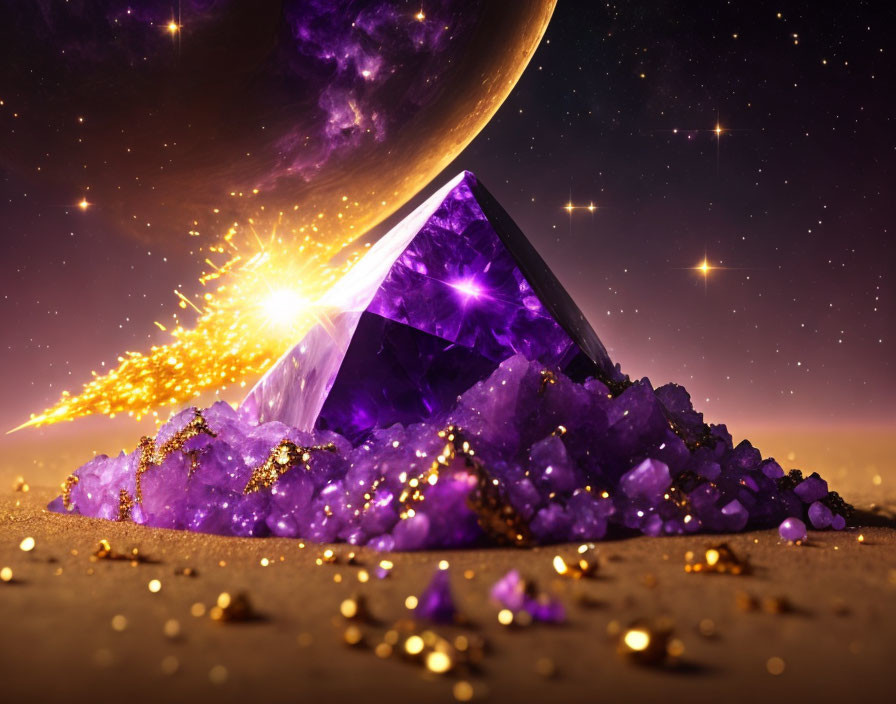 Vibrant purple crystal with gold fragments on cosmic backdrop with planet