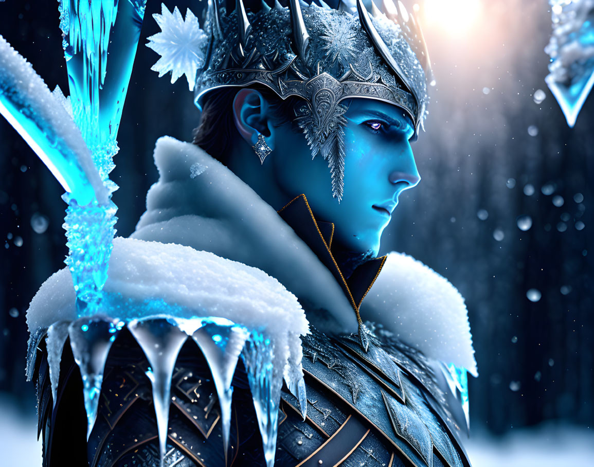 Fantasy digital art of blue-skinned ice warrior in intricate snowflake armor.