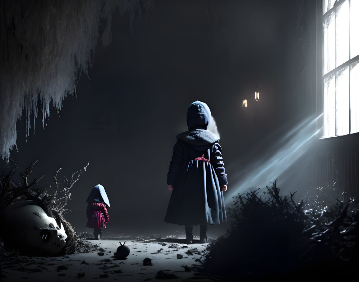 Child in Hooded Cape Surrounded by Mysterious Figures in Dark Room