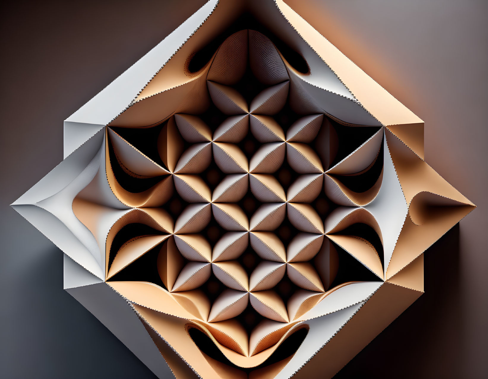 Symmetrical 3D geometric paper art in brown and cream tones