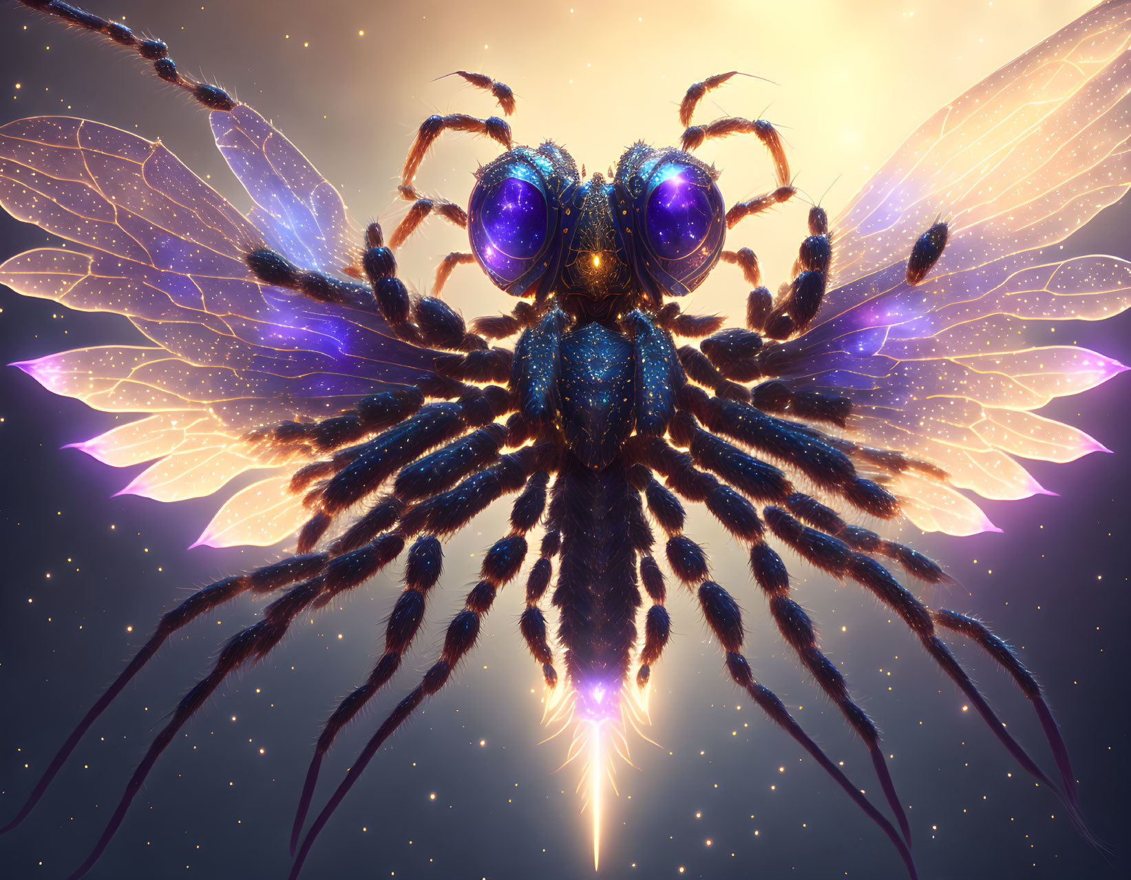 Bioluminescent insect-like creature with glowing wings and eyes on starry background